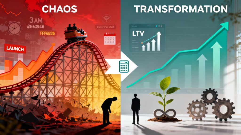 Transição de modelo de lançamentos caótico para receita recorrente previsível no marketing digital com gráficos de lifetime value