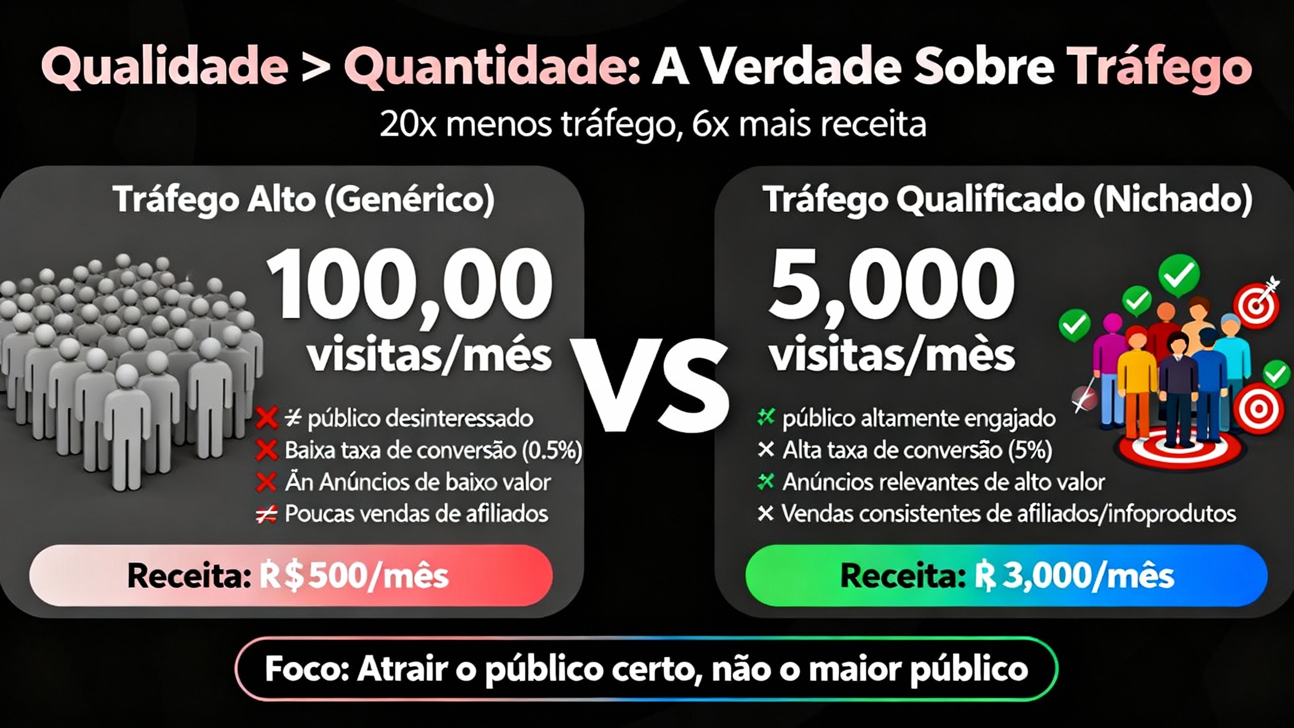 Infográfico mostrando tráfego qualificado vs alto: 5 mil visitas nichadas geram 6x mais receita que 100 mil visitas genéricas
