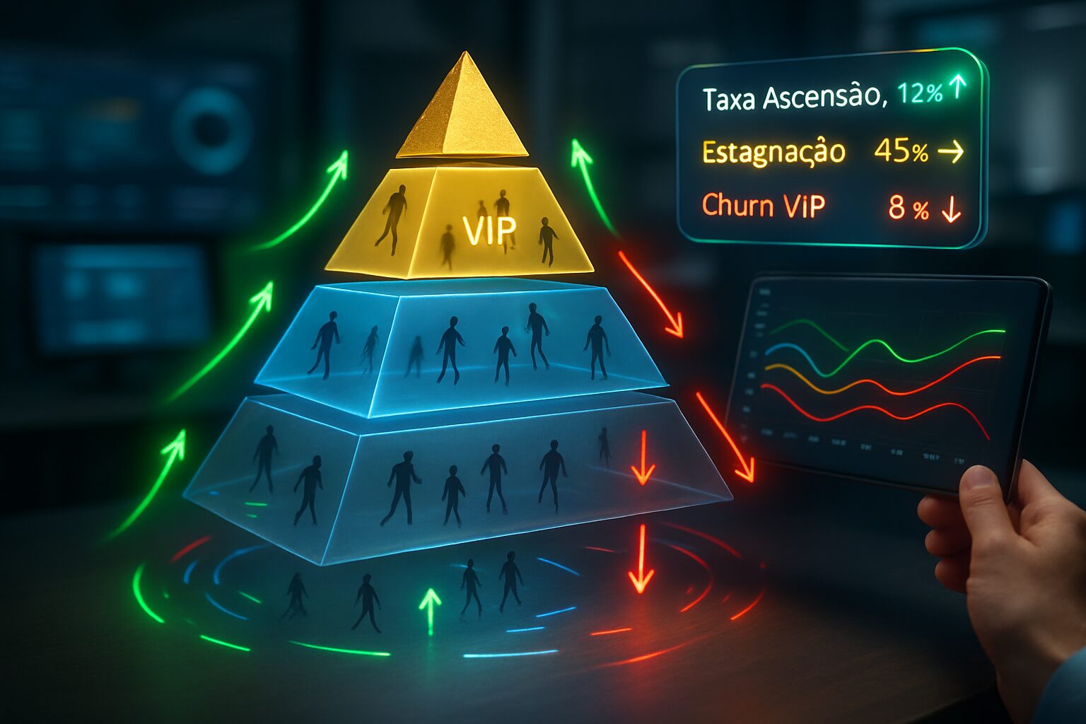 Pirâmide de clientes com movimento de ascensão verde, estagnação amarela e churn vermelho com dashboard de métricas em tempo real