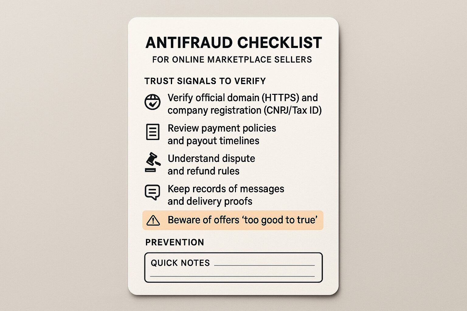 Checklist antifraude destaca sinais de confiança e prevenção a chargebacks para vender em marketplaces com segurança na rotina em casa