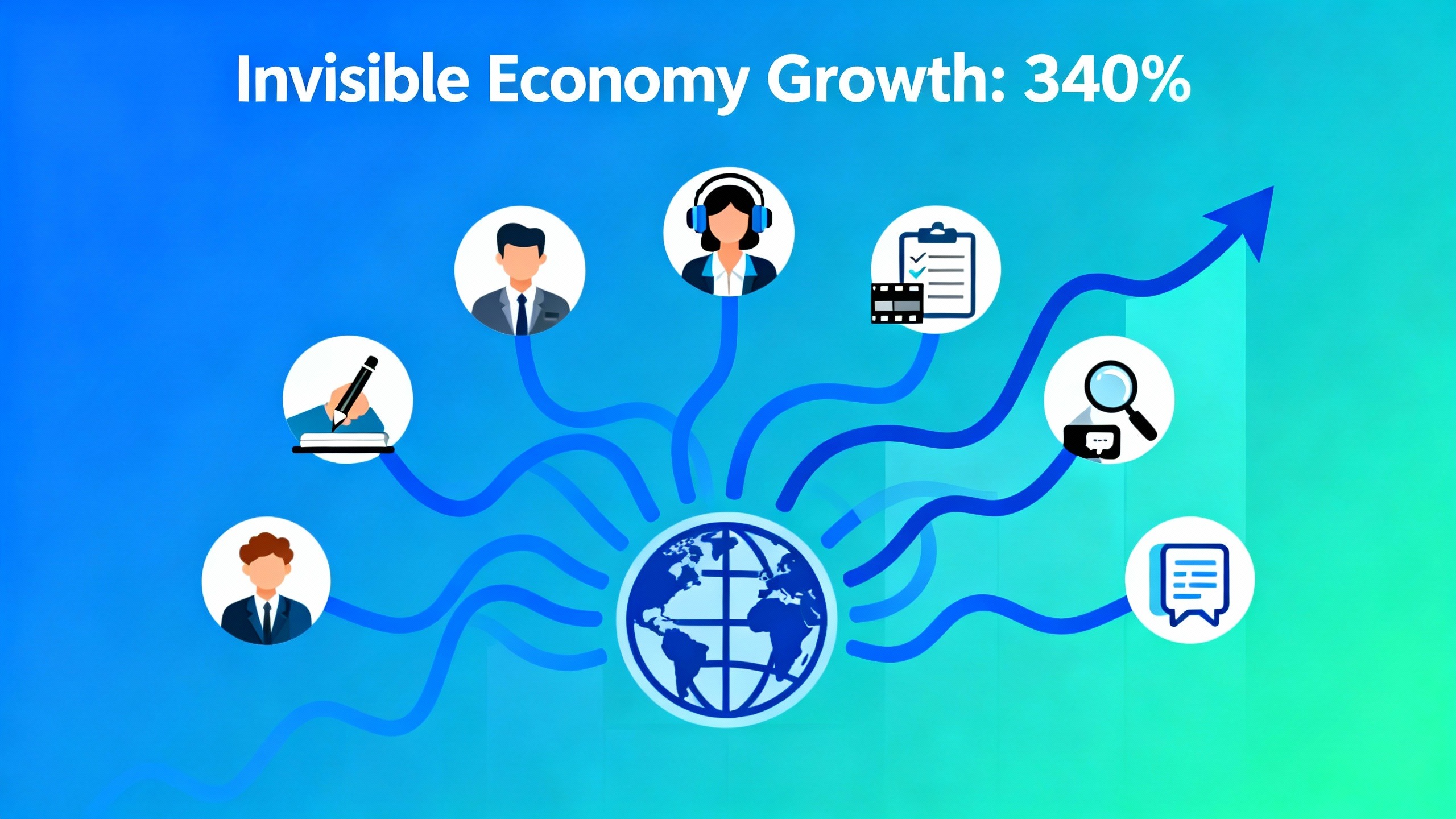Infográfico mostrando crescimento de 340% em trabalho remoto anônimo com ícones de profissões invisíveis: escrita, transcrição, assistência virtual