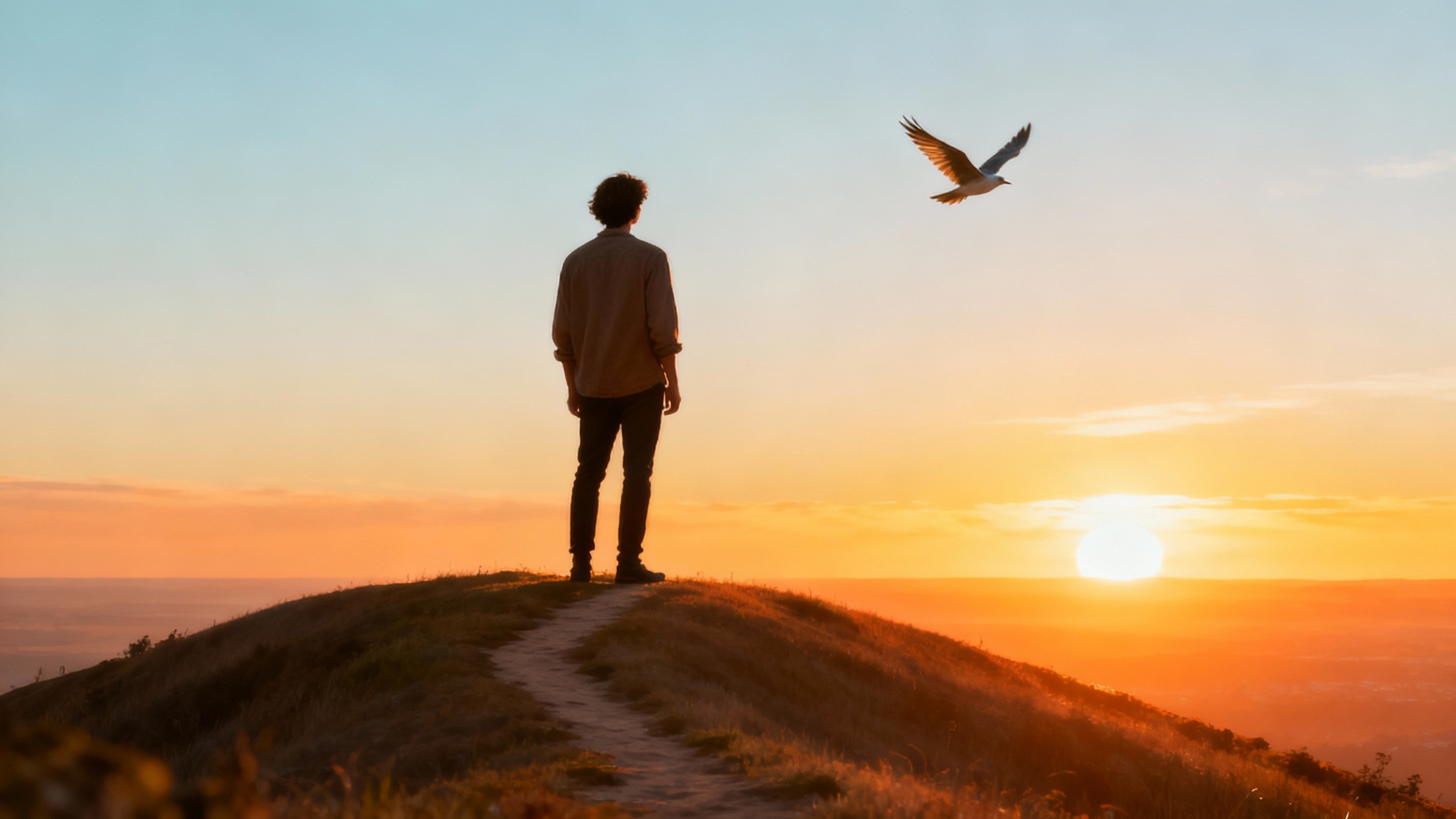 Pessoa olhando para o horizonte, simbolizando a jornada de liberdade financeira e autonomia digital.