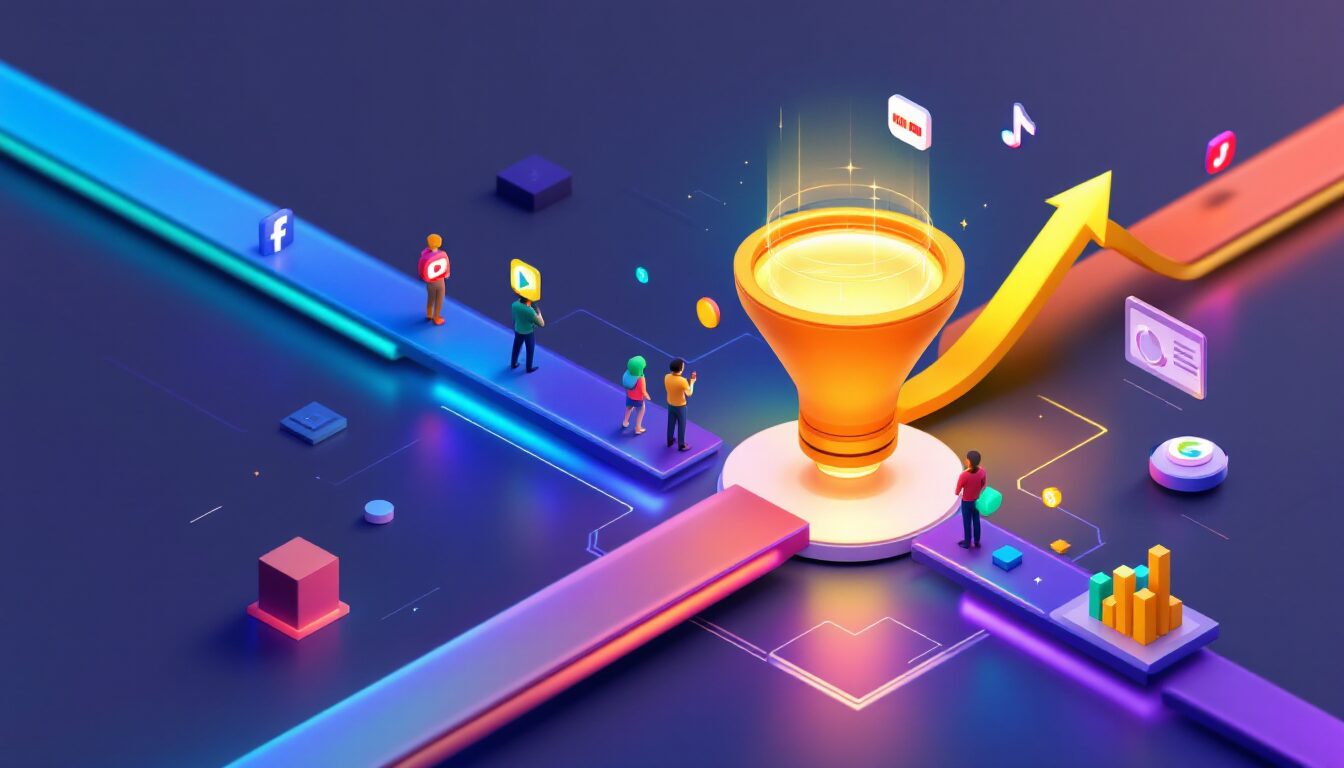 Múltiplas fontes de tráfego escalável (SEO, anúncios, social) convergindo para funil de conversão de afiliado