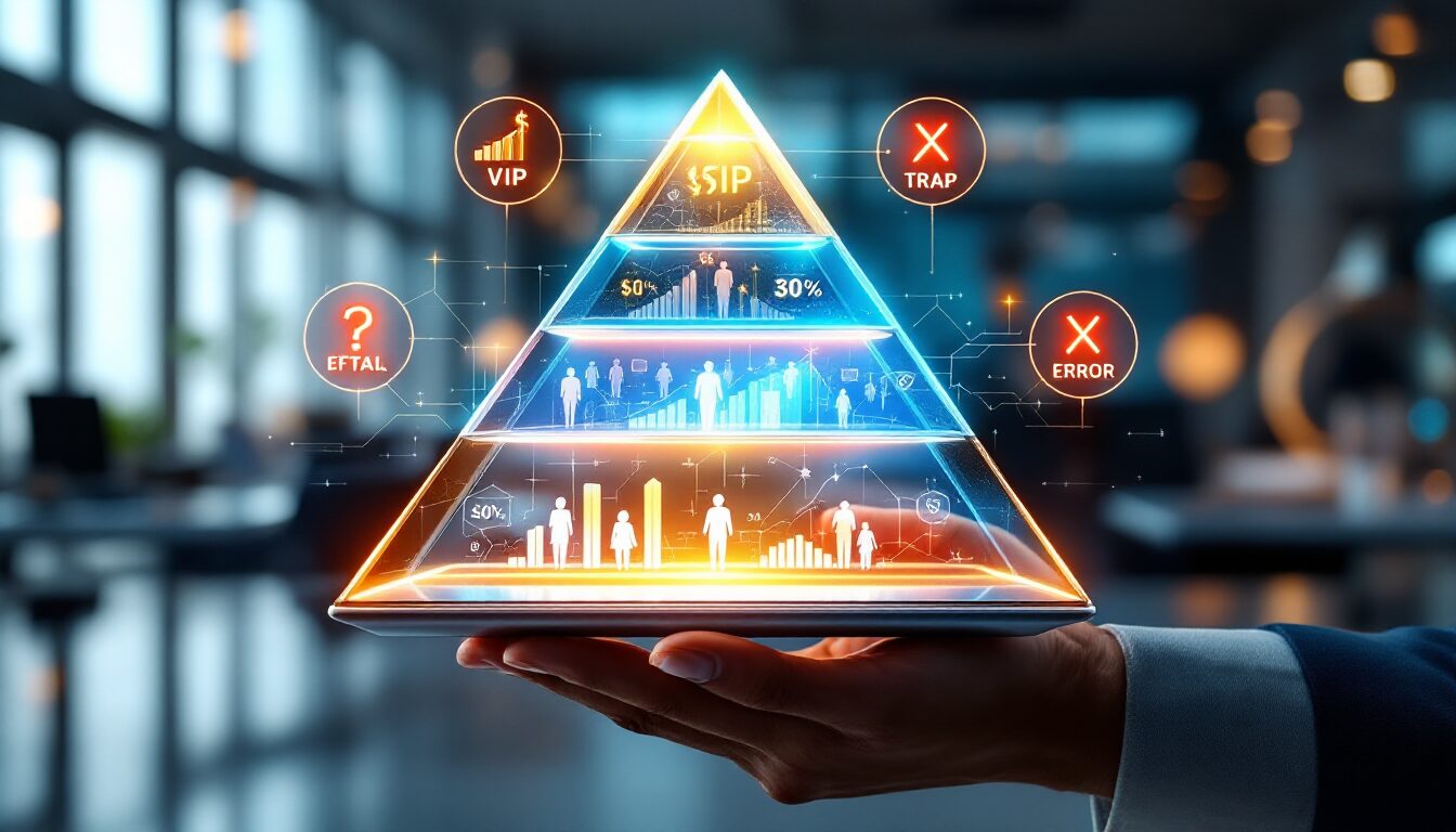 Pirâmide de clientes no marketing digital em 3D com três camadas VIP, regulares e prospects, hologramas de métricas e erros fatais