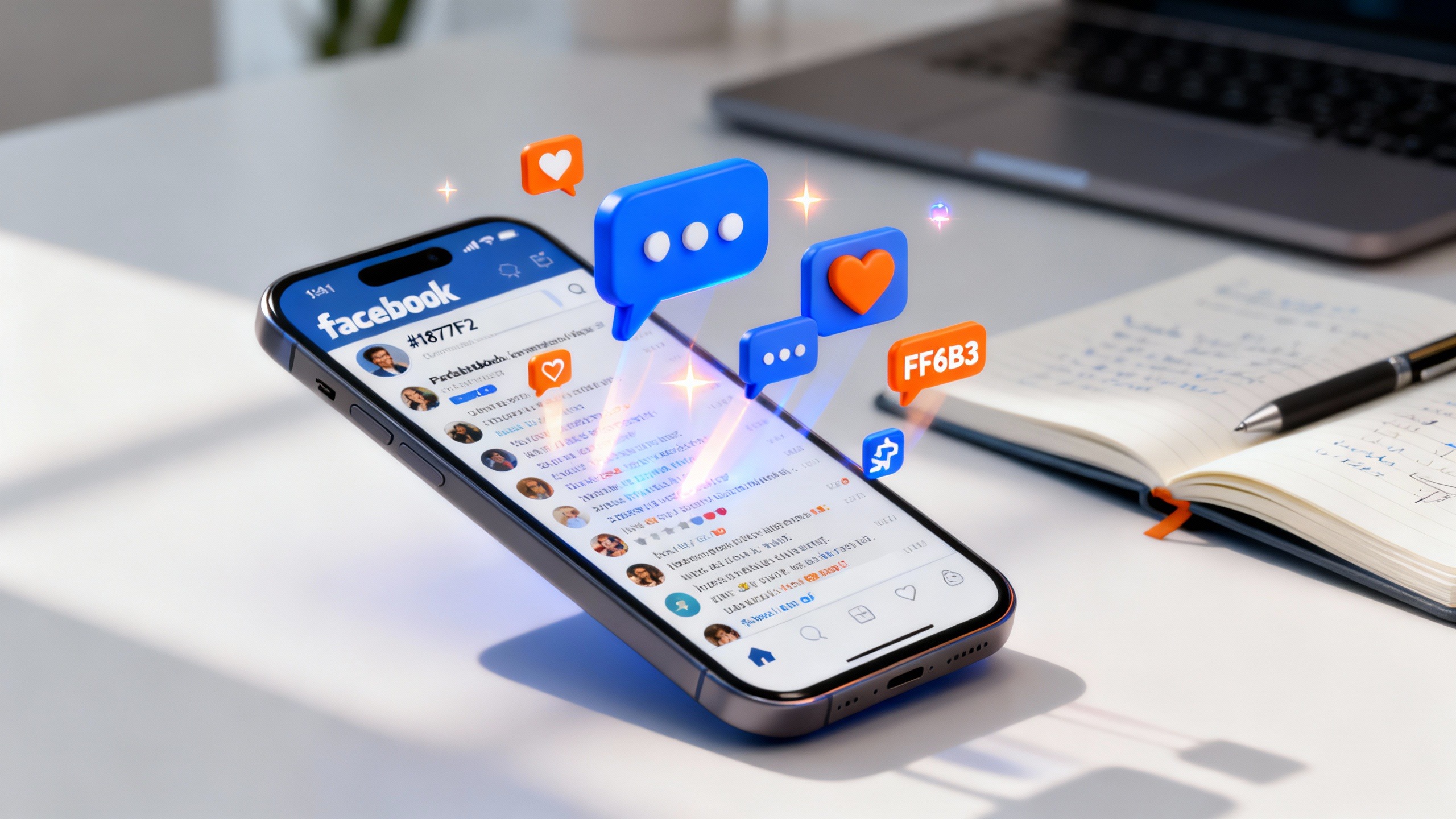 Smartphone mostrando post Facebook com centenas de comentários ativos e ícones de engajamento flutuando ao redor