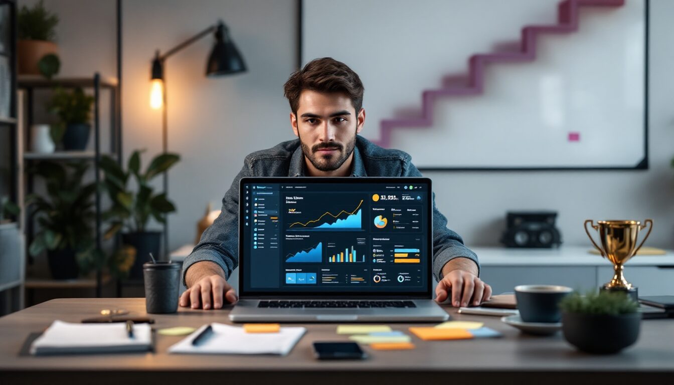 Afiliado profissionalizando marketing digital em workspace moderno com dashboard de crescimento e métricas de escala