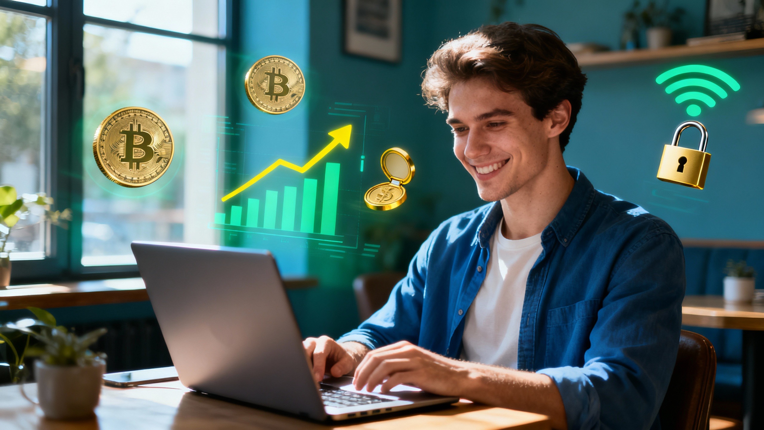 Pessoa sorridente trabalhando em casa com laptop, simbolizando como ganhar renda extra online sem investir nada e liberdade financeira.