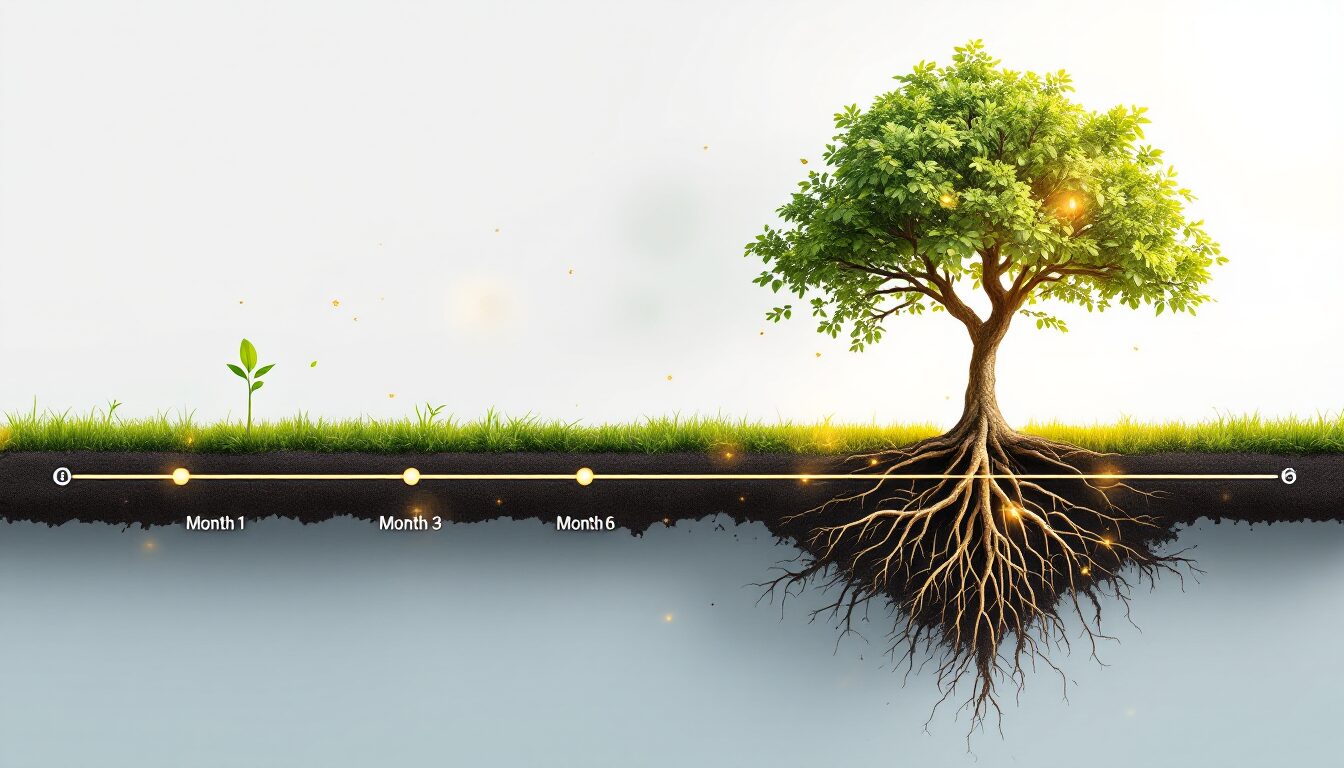 Linha do tempo visual mostrando crescimento consistente de autoridade digital de afiliado ao longo de seis meses