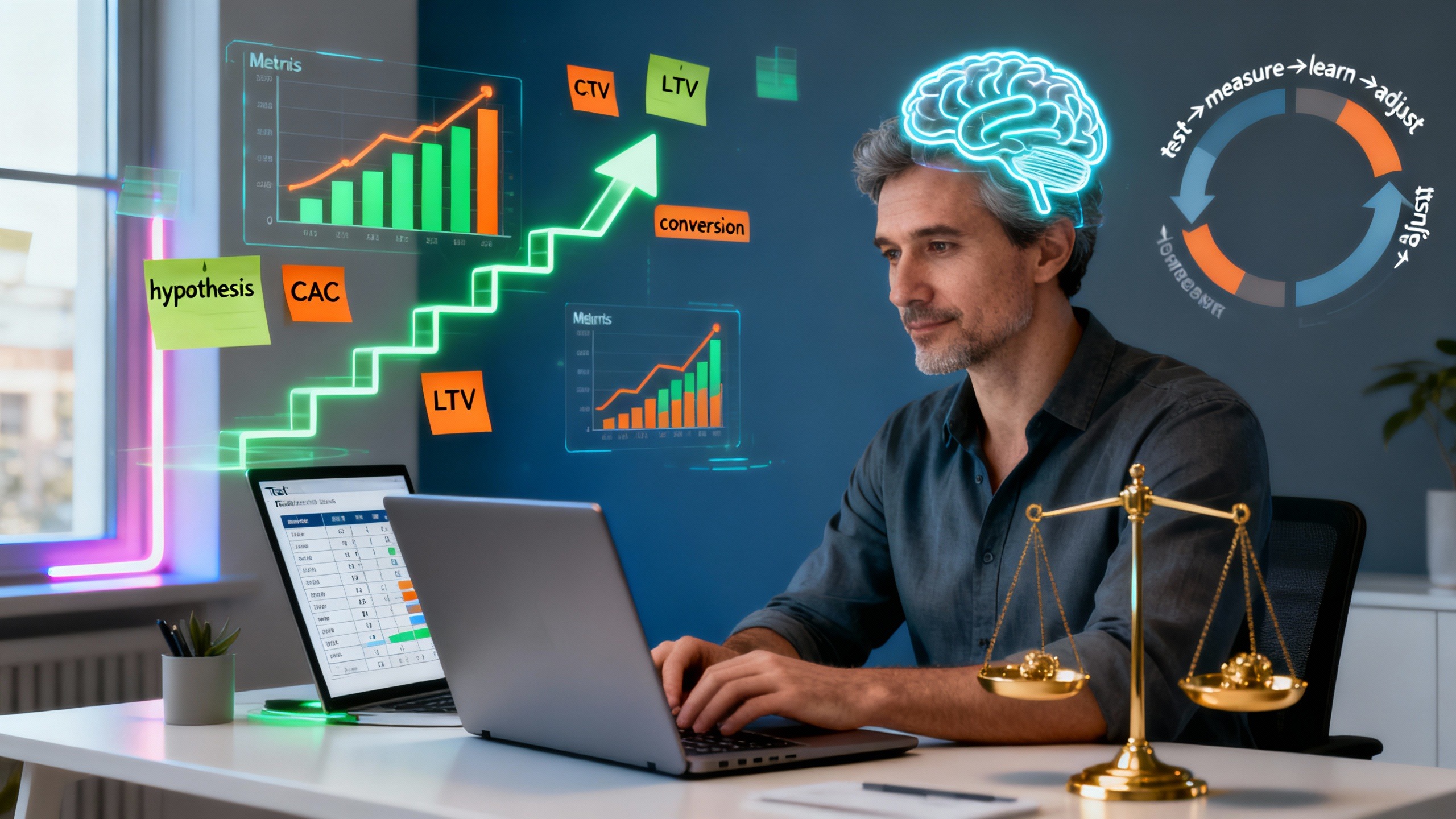 Empreendedor focado analisando métricas de marketing digital com mentalidade estratégica e gráficos de crescimento ascendente