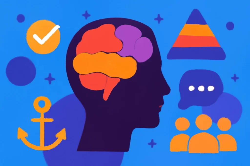 psicologia consumidor marketing como — cabeça em perfil, com cérebro iluminado, ícones de disponibilidade e prova social.
