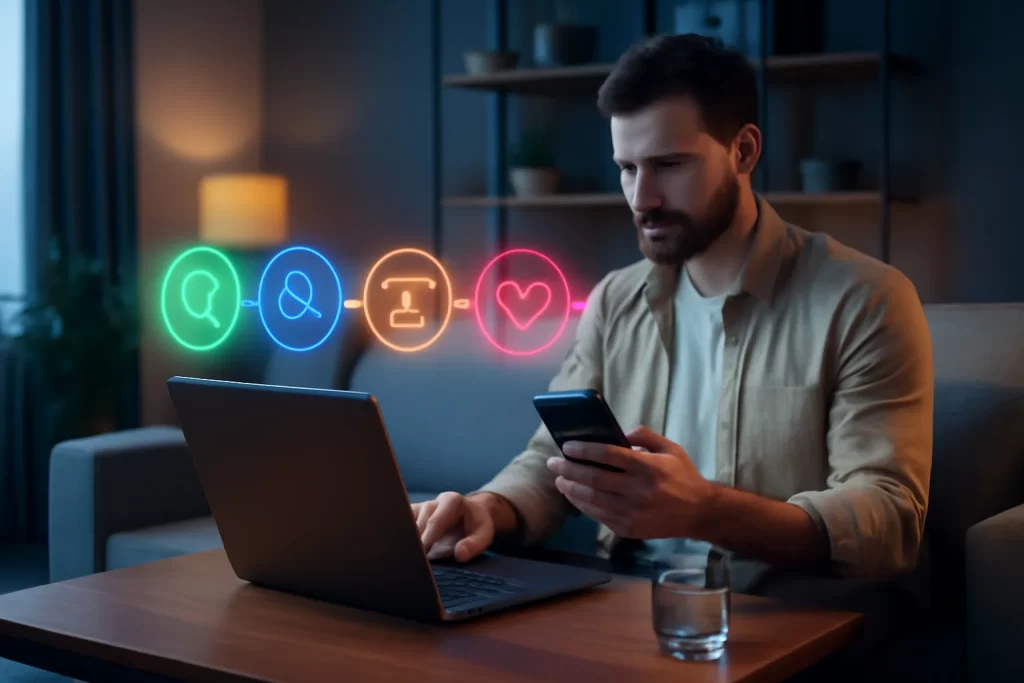 Render 3D de sala com usuário; hologramas mostram o comportamento consumidor digital guia.