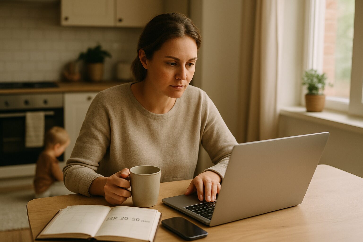 Mãe organiza blocos de 15–30–60 min no planner, ilustrando renda extra online para mães que trabalham em casa com rotina real e segura