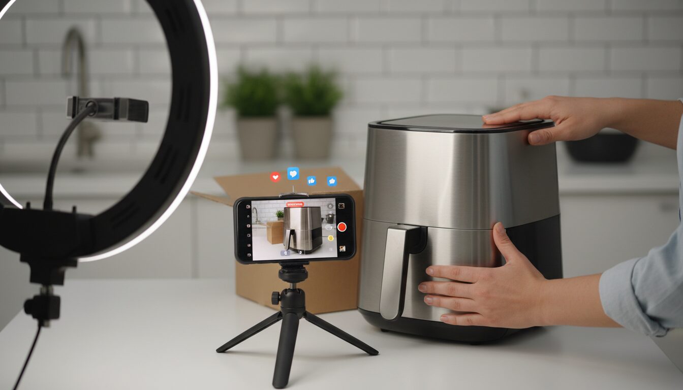 Bastidores de gravação de produto com smartphone e ring light, ilustrando o roteiro de vendas tiktok focado em demonstração e conversão