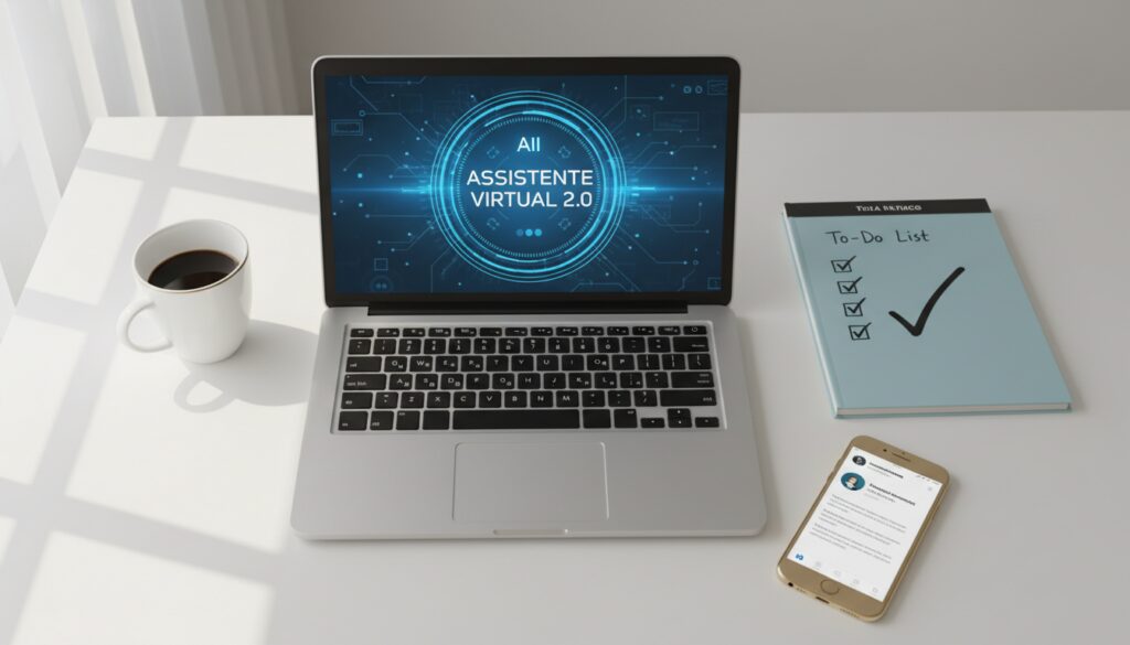 Home office moderno com laptop exibindo interface de IA e notificação do LinkedIn, ilustrando o início na carreira de assistente virtual do zero