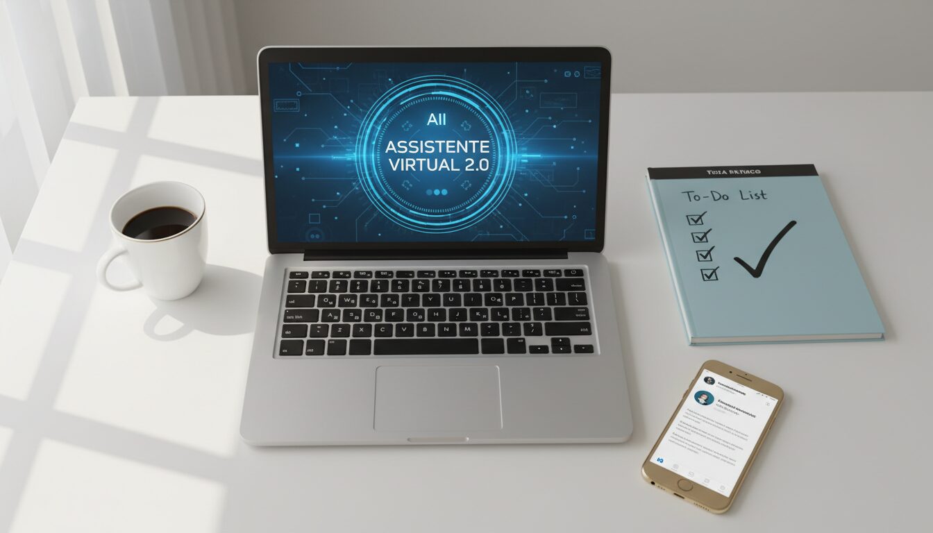 Home office moderno com laptop exibindo interface de IA e notificação do LinkedIn, ilustrando o início na carreira de assistente virtual do zero