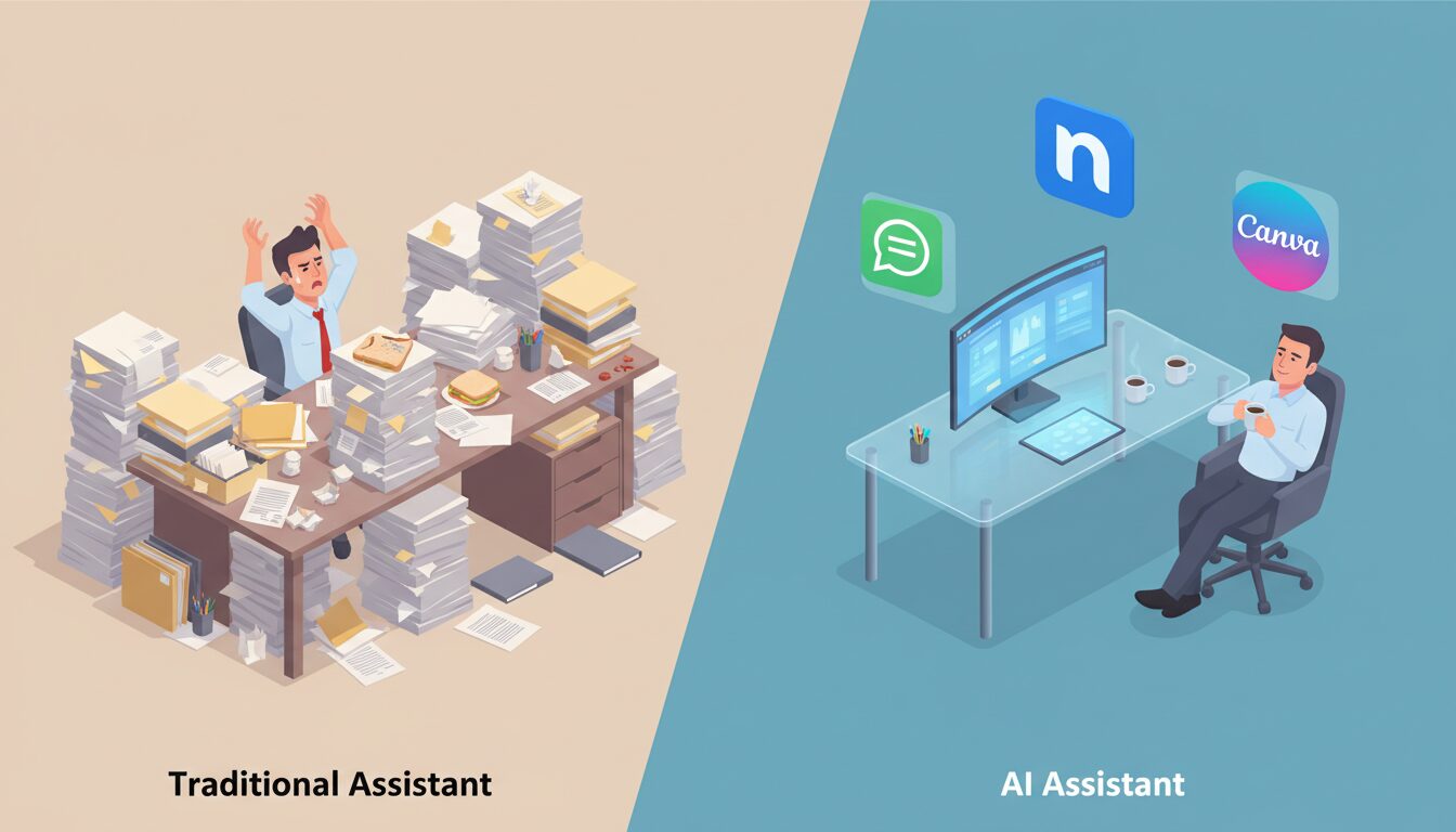 Ilustração comparativa entre o caos do trabalho manual e a organização digital com ChatGPT, Notion e Canva, destacando a eficiência das ferramentas de IA