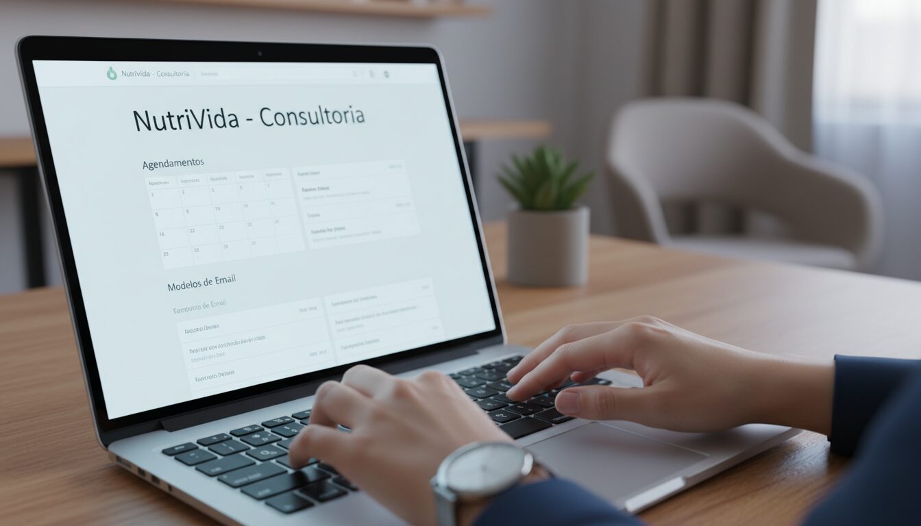 Tela de laptop exibindo um portfólio fictício "NutriVida" com modelos de e-mail e agenda, demonstrando a técnica do Cliente Fantasma para iniciantes