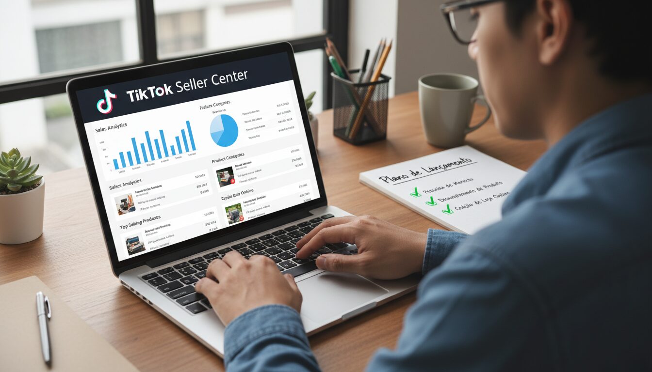 Laptop com painel do Seller Center e checklist físico, ilustrando o guia passo a passo para configurar o tiktok shop para iniciantes hoje