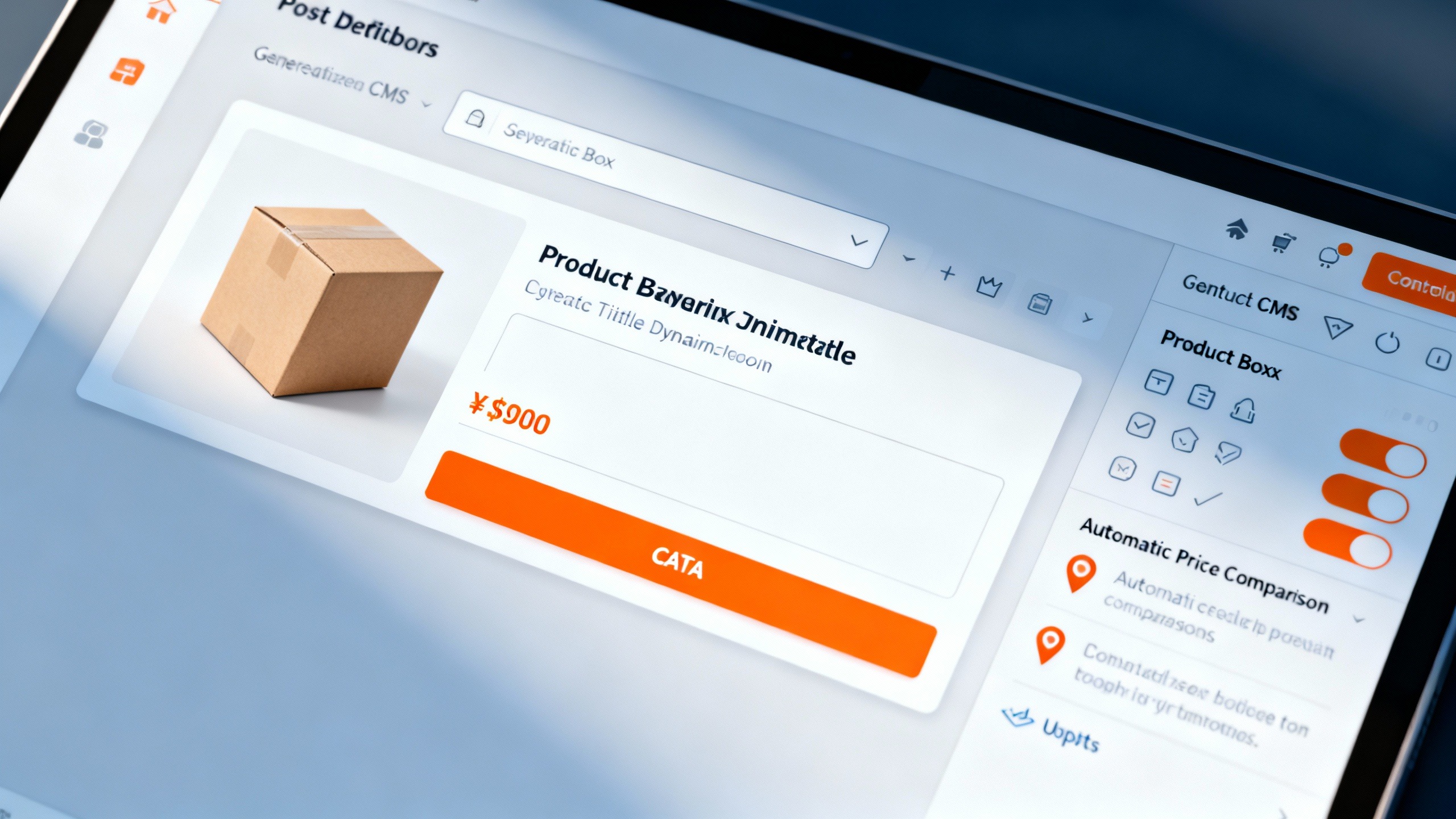 Dashboard de CMS claro com caixa de produto e recursos de automação, mostrando plugins para amazon associates com comparativo de preços e geolocalização
