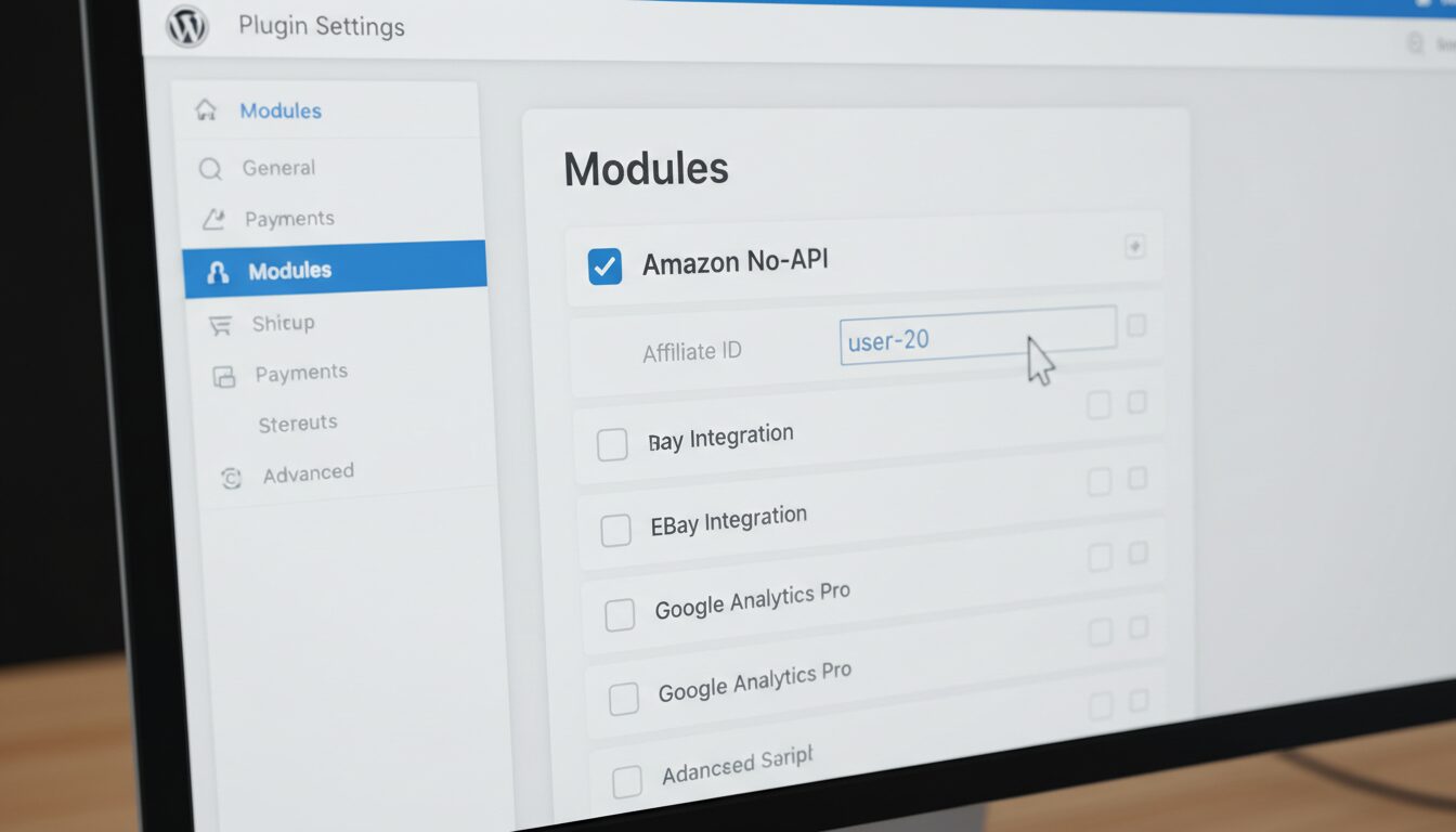 Tela de configuração do Content Egg no WordPress destacando a ativação do módulo Amazon No-API, passo essencial para configurar content egg amazon sem api.