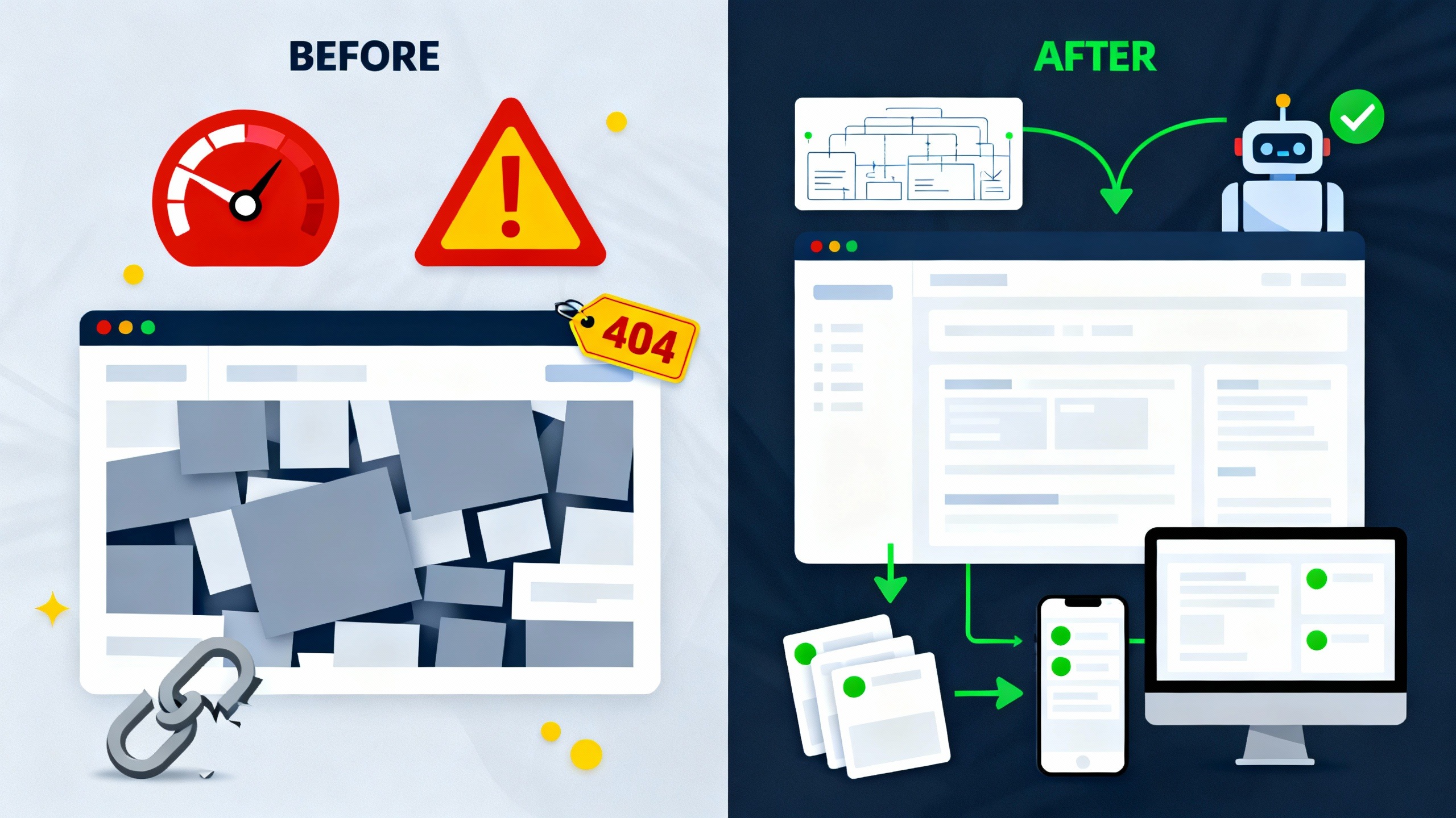 Comparação antes e depois com Core Web Vitals verdes, sitemap e robots corretos, ilustrando dicas para aumentar trafego organico com seo tecnico