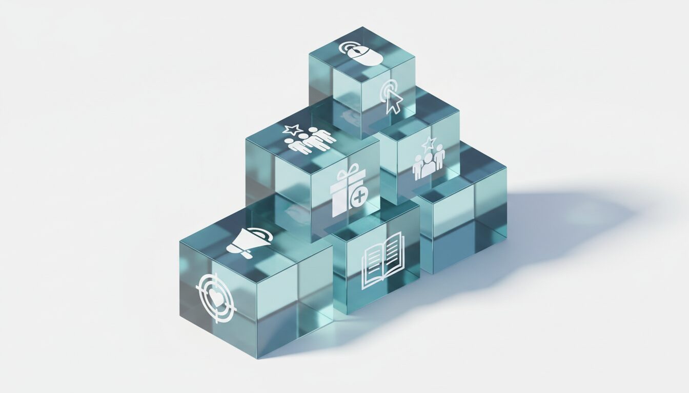 Infográfico mostrando os 5 elementos essenciais de uma pagina de vendas de ebook, empilhados como blocos: Persona, Headline, Oferta, Prova Social e CTA