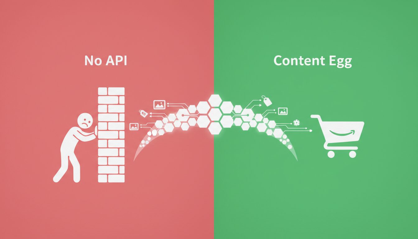 Infográfico comparativo mostrando como o Content Egg supera o bloqueio da API Amazon via web scraping ético, permitindo importar produtos amazon wordpress.
