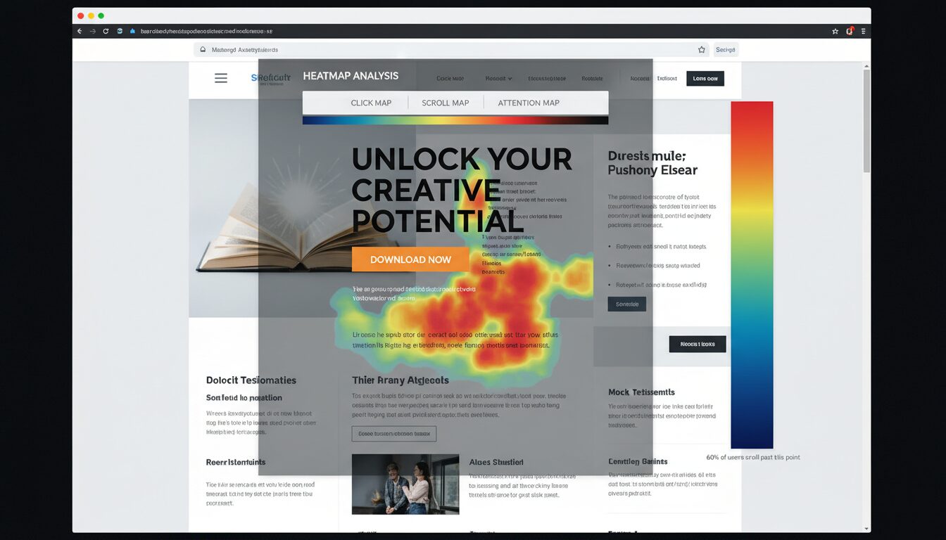 Análise de mapa de calor de uma página de vendas de ebook, mostrando como otimizar a conversão ao identificar os pontos de clique dos visitantes
