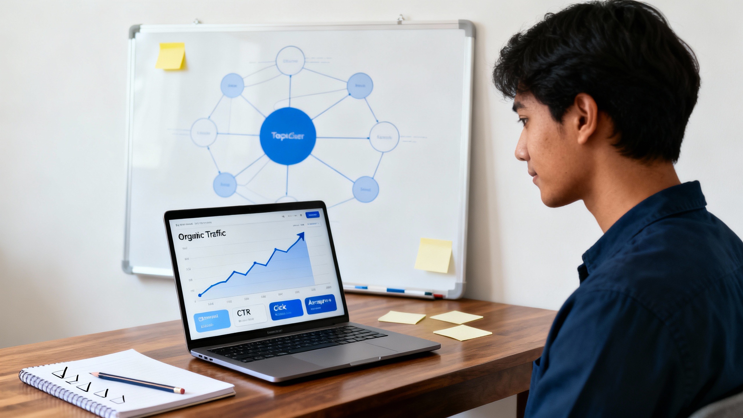 Profissional analisa clusters e métricas no laptop em home office, representando seo para blogs com baixo orçamento e crescimento orgânico previsível