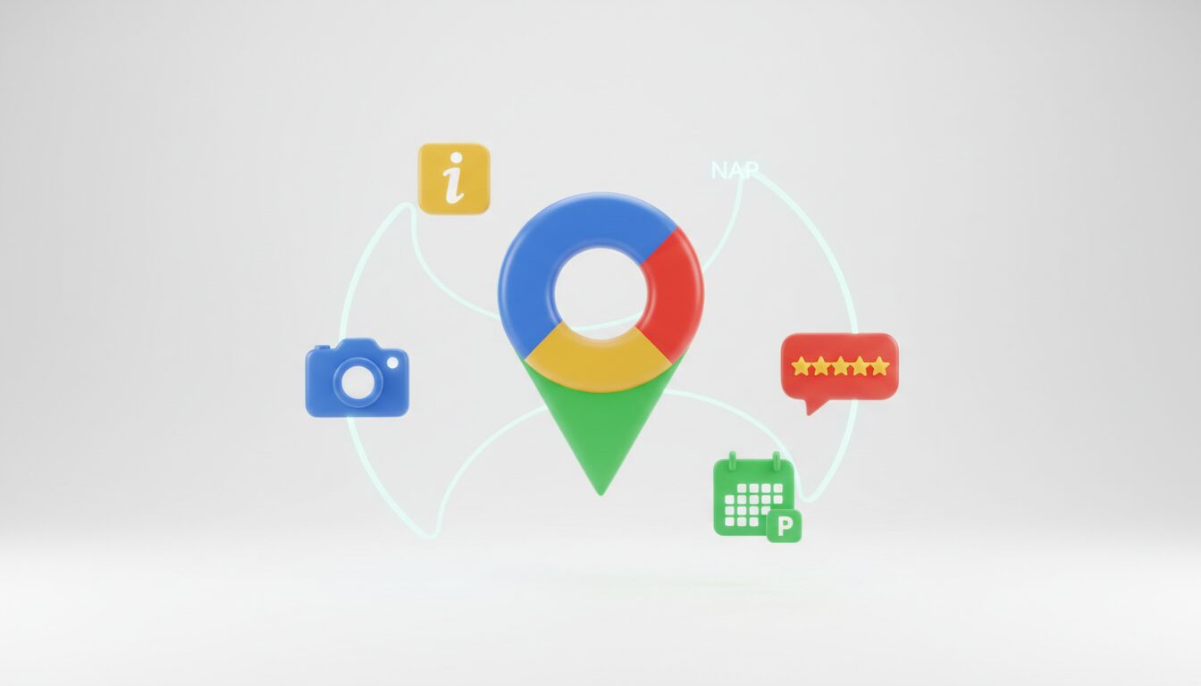 Ilustração 3D do Perfil da Empresa no Google conectado a ícones de fotos e avaliações, o alicerce das estratégias de marketing local gratuitas