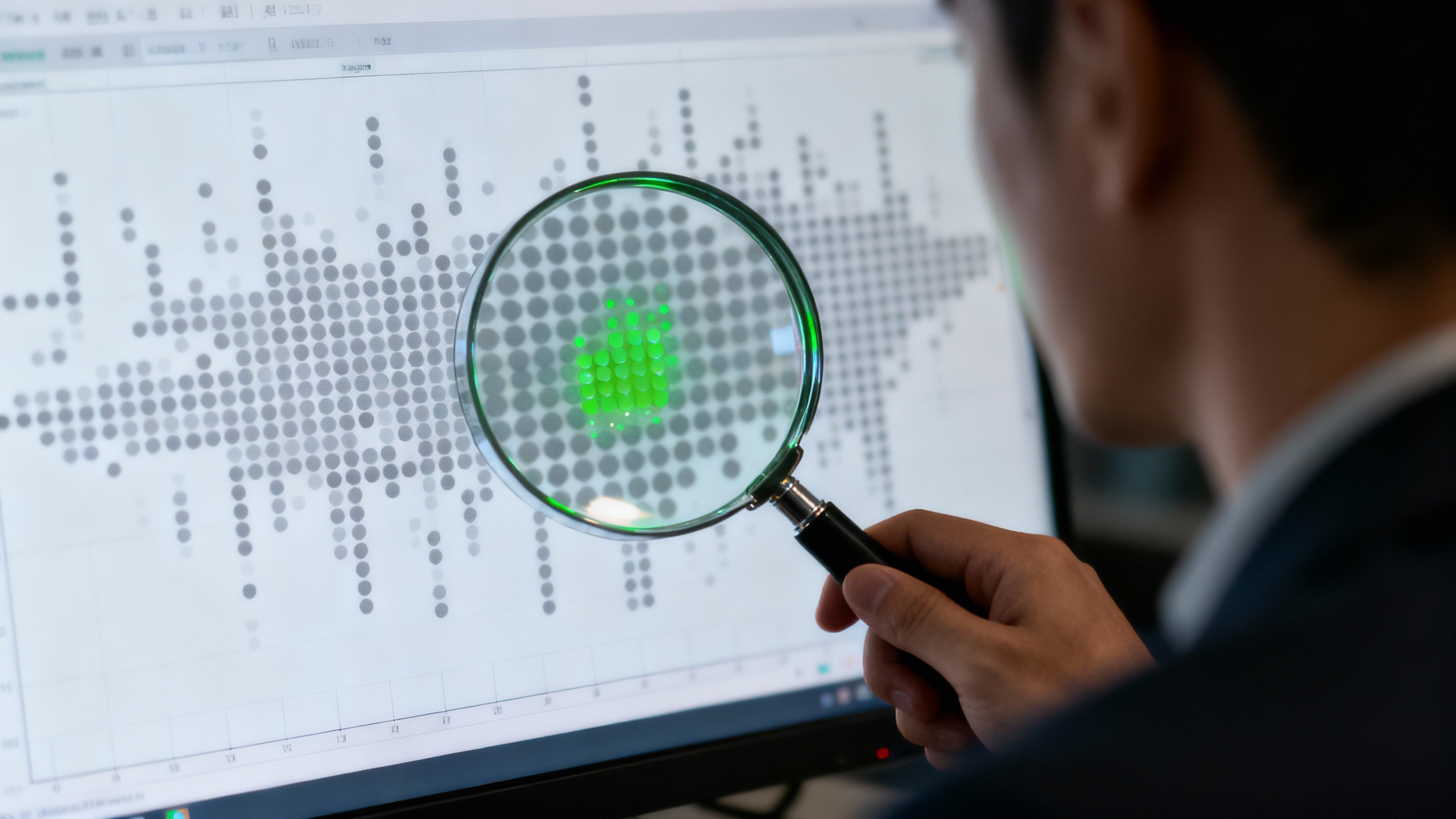 Analista usando lupa digital para identificar 'sinais verdes' em dados, ilustrando como encontrar nichos de baixa concorrência