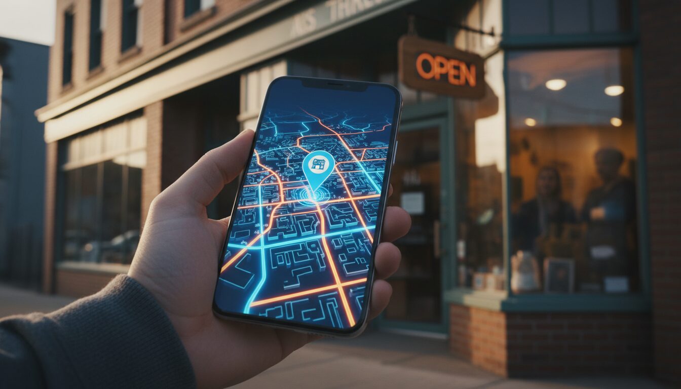 martphone mostrando um pino de localização brilhante no mapa sobre uma loja, ilustrando como anunciar sua loja no Google Maps