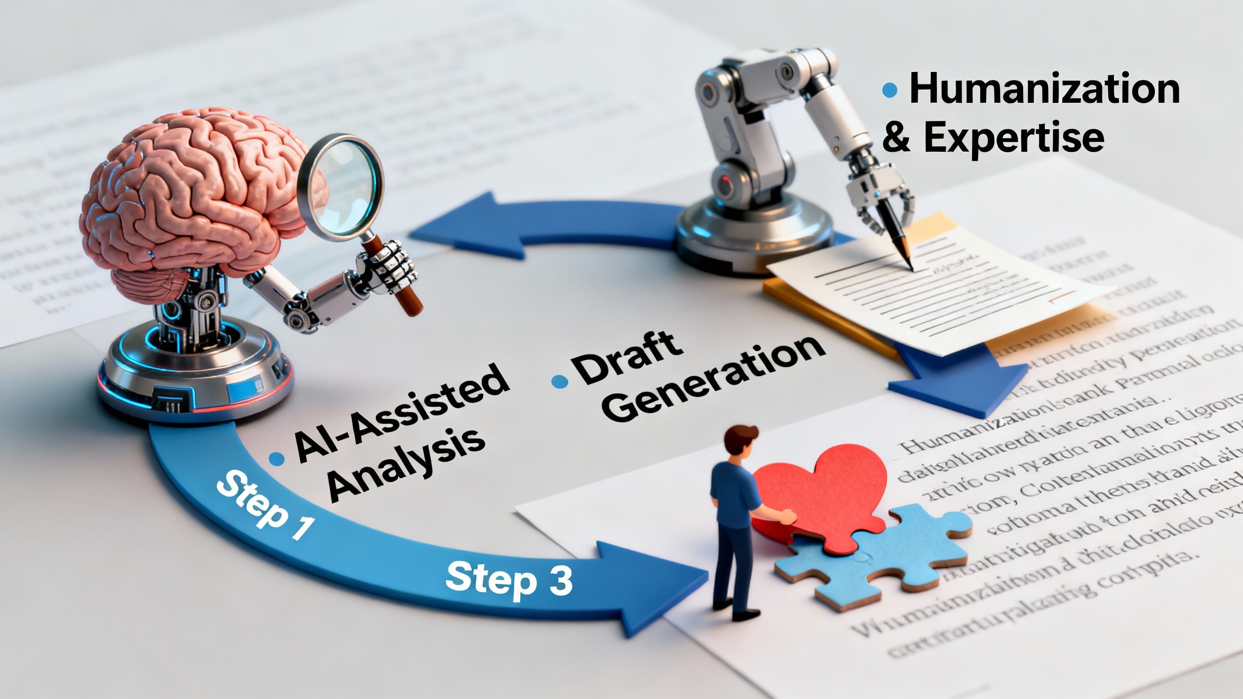 Diagrama do método híbrido em 3 fases para criar um artigo otimizado para SEO usando IA, da análise à humanização