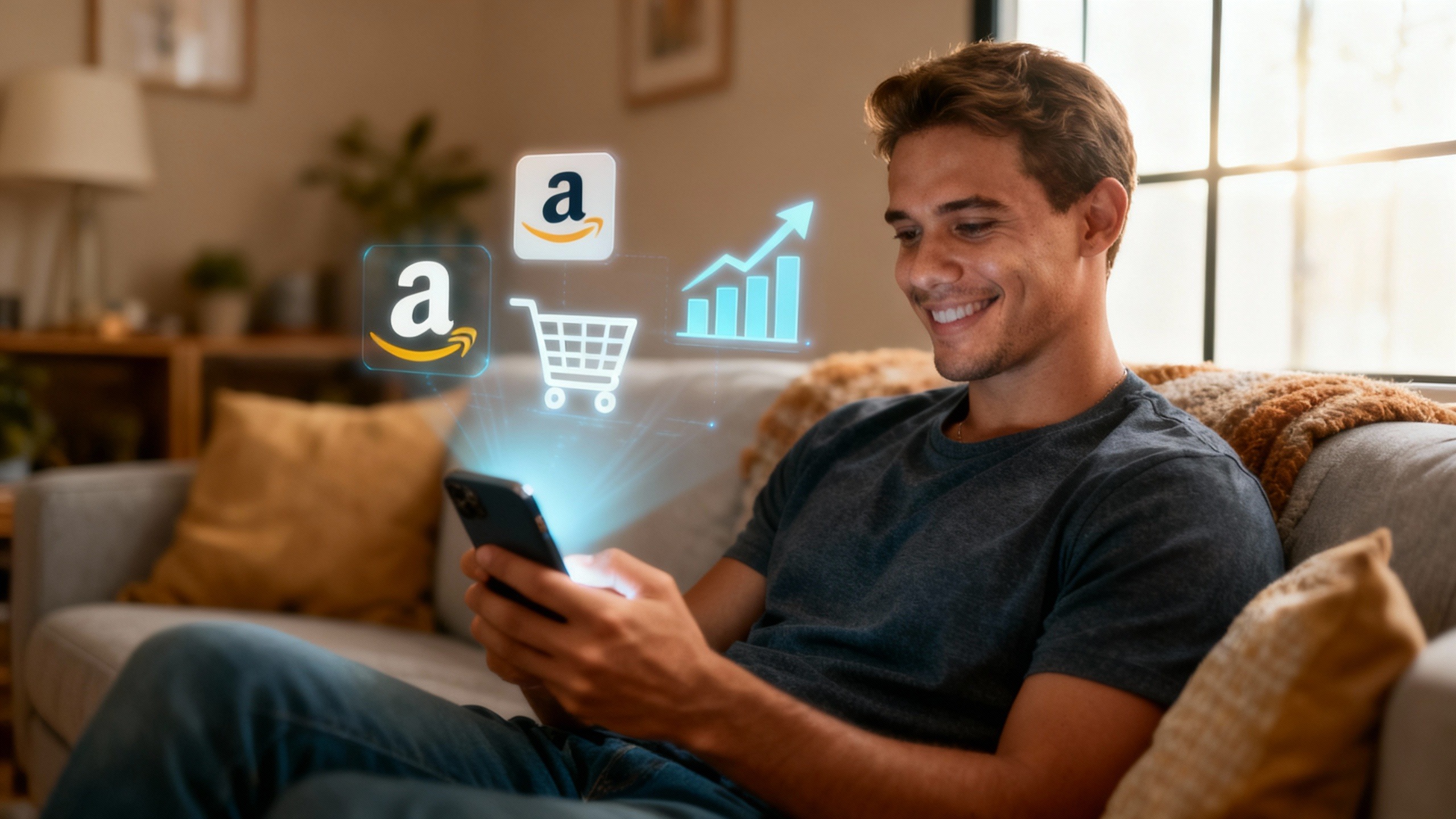 Jovem empreendedor sorrindo em casa enquanto segura um celular que projeta gráficos de vendas, ilustrando como começar como afiliado Amazon pelo celular.