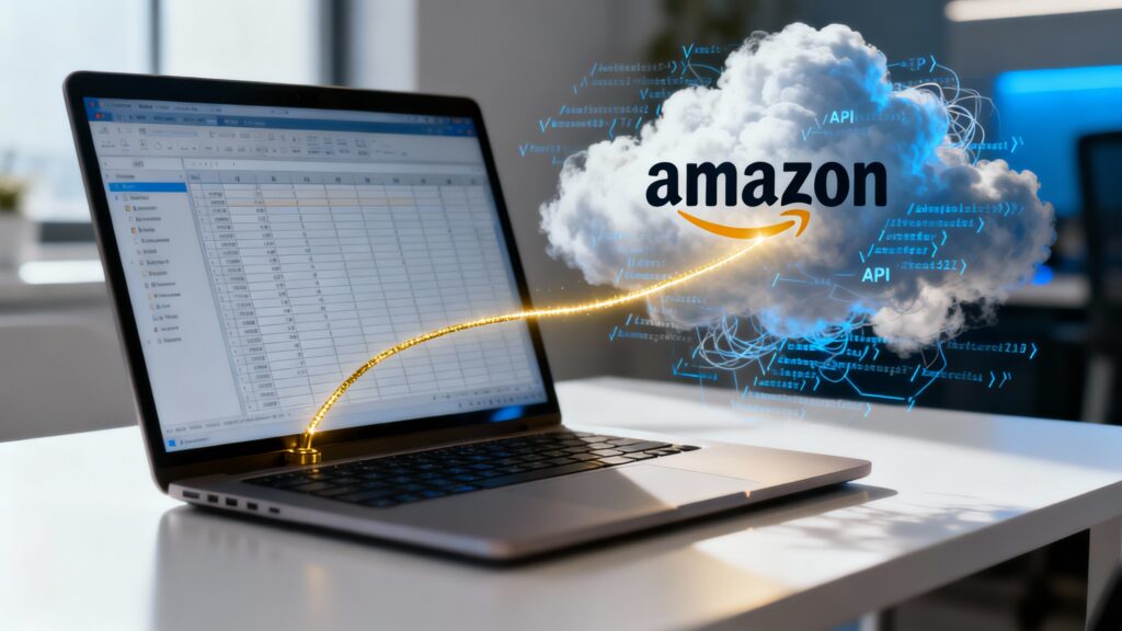 Afiliado em frente a um laptop com planilha de controle, ilustrando o método manual de como ser afiliado Amazon sem a API de forma organizada.