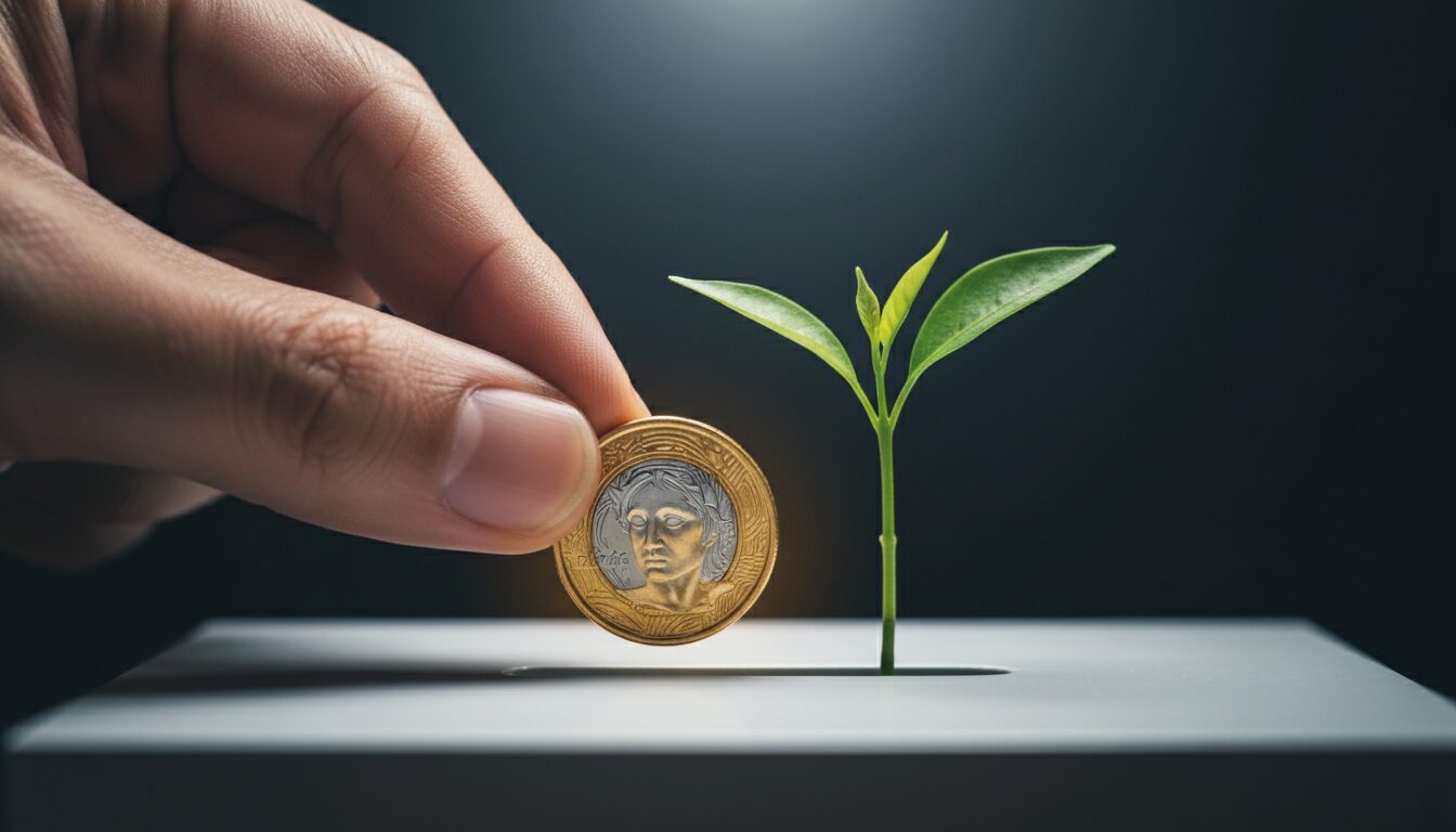 Mão investindo uma moeda que faz uma planta crescer, simbolizando o baixo custo e o retorno de anunciar no Google Ads