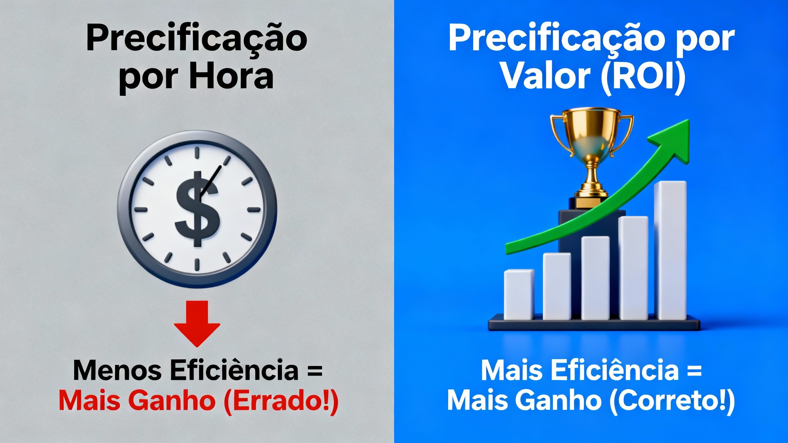 Diagrama comparando precificação por hora vs. por valor, mostrando como cobrar como assistente virtual para advogados com base no ROI gerado