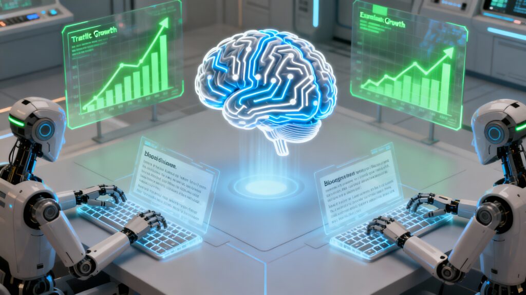 Cérebro digital com braços robóticos criando conteúdo em escala, representando a estratégia de SEO agêntico para automação