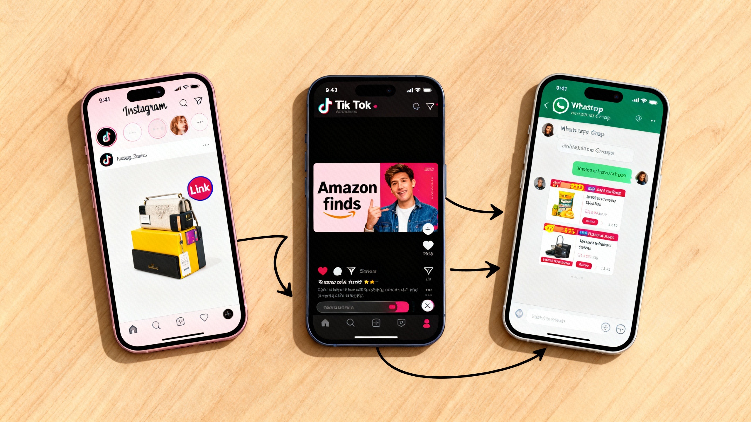 Três celulares mostrando estratégias de divulgação para afiliados: Instagram Stories, vídeo no TikTok e um grupo de ofertas.