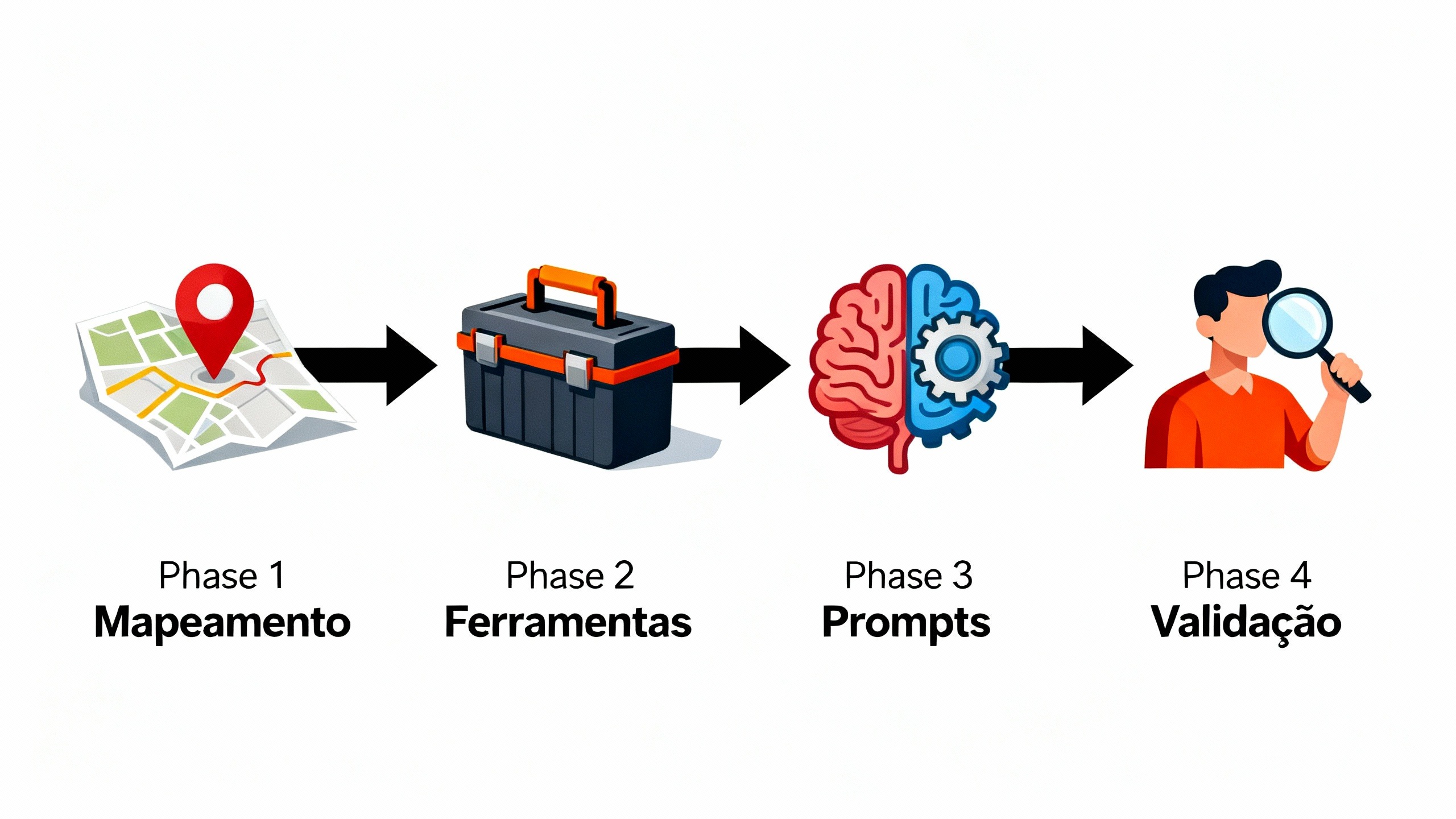 Infográfico com 4 fases para criar um fluxo de trabalho de conteúdo com IA, do mapeamento da estratégia à validação humana