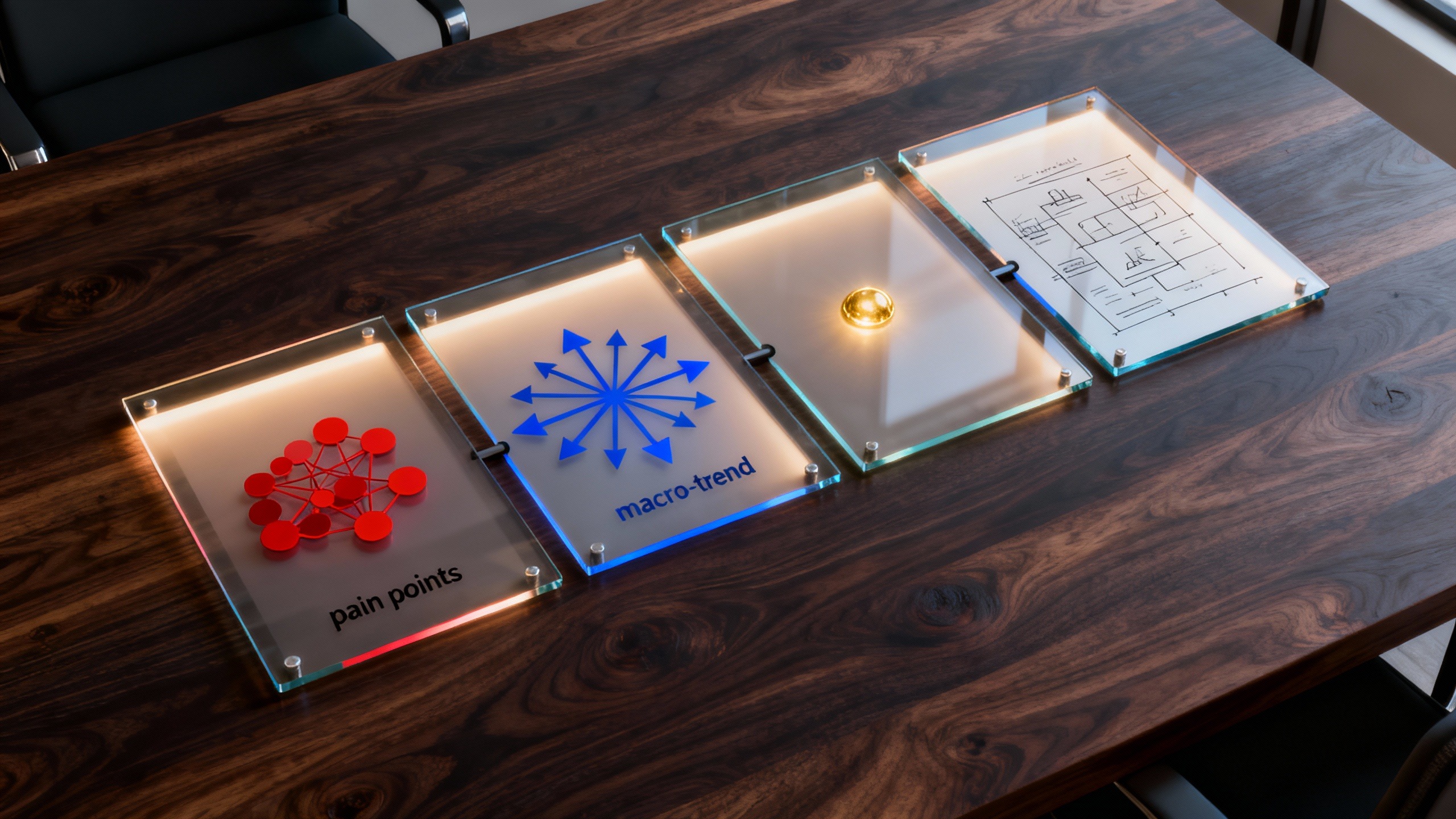 Fluxograma visual em 4 etapas numa mesa, ilustrando o processo de pesquisa de mercado com Perplexity AI, da dor à validação do negócio