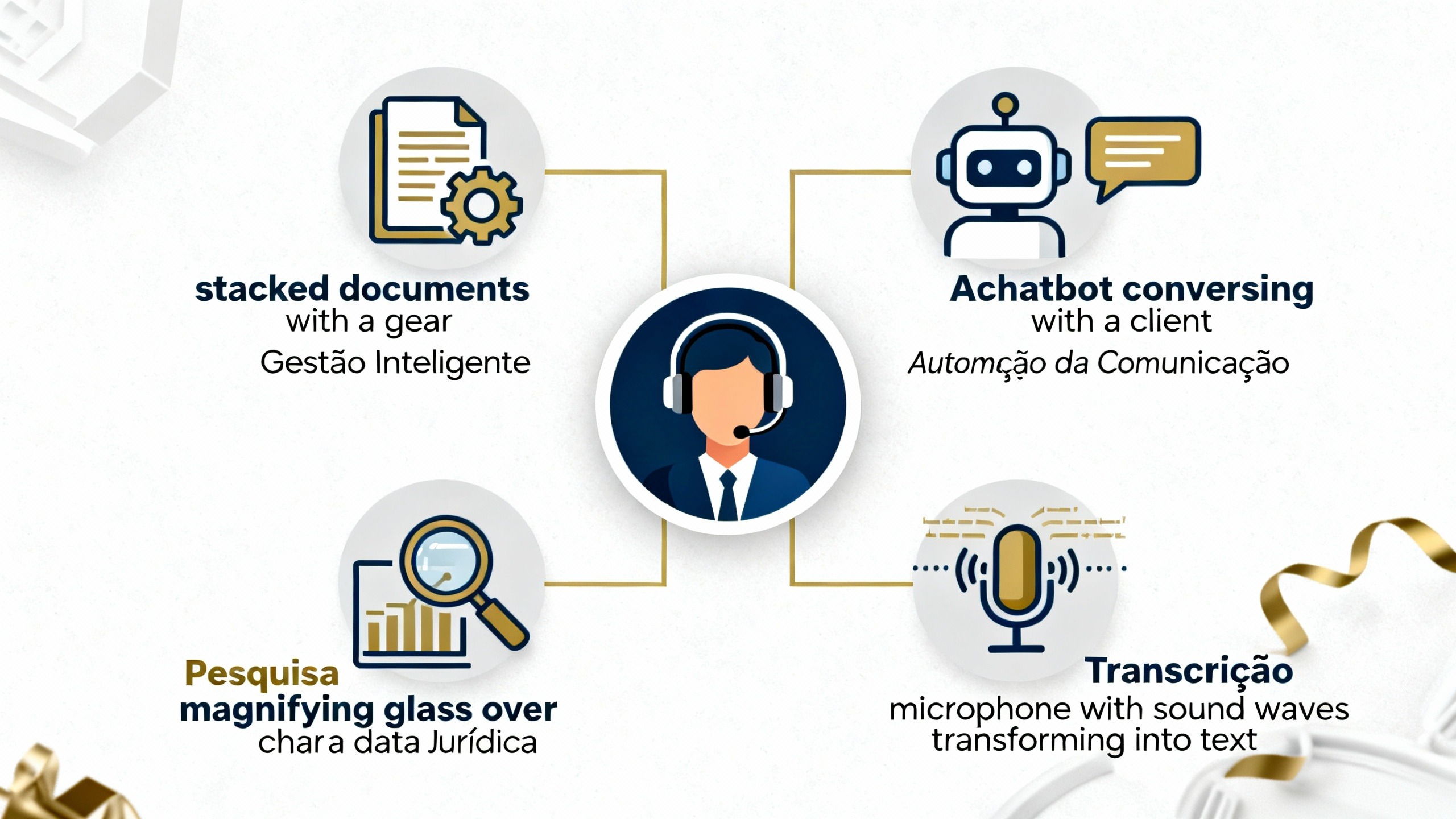 Infográfico mostrando os principais serviços de assistente virtual jurídico com IA, incluindo gestão de documentos, automação e pesquisa jurídica