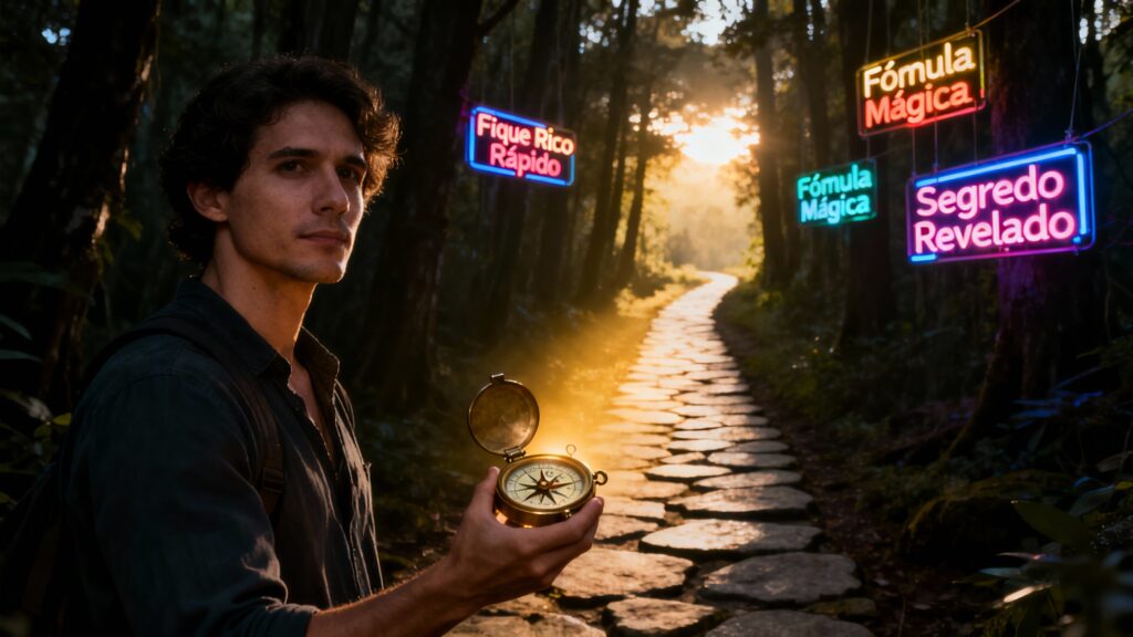 Pessoa com bússola brilhante iniciando um caminho claro em floresta escura, representando o marketing de afiliados para iniciantes o guia honesto.