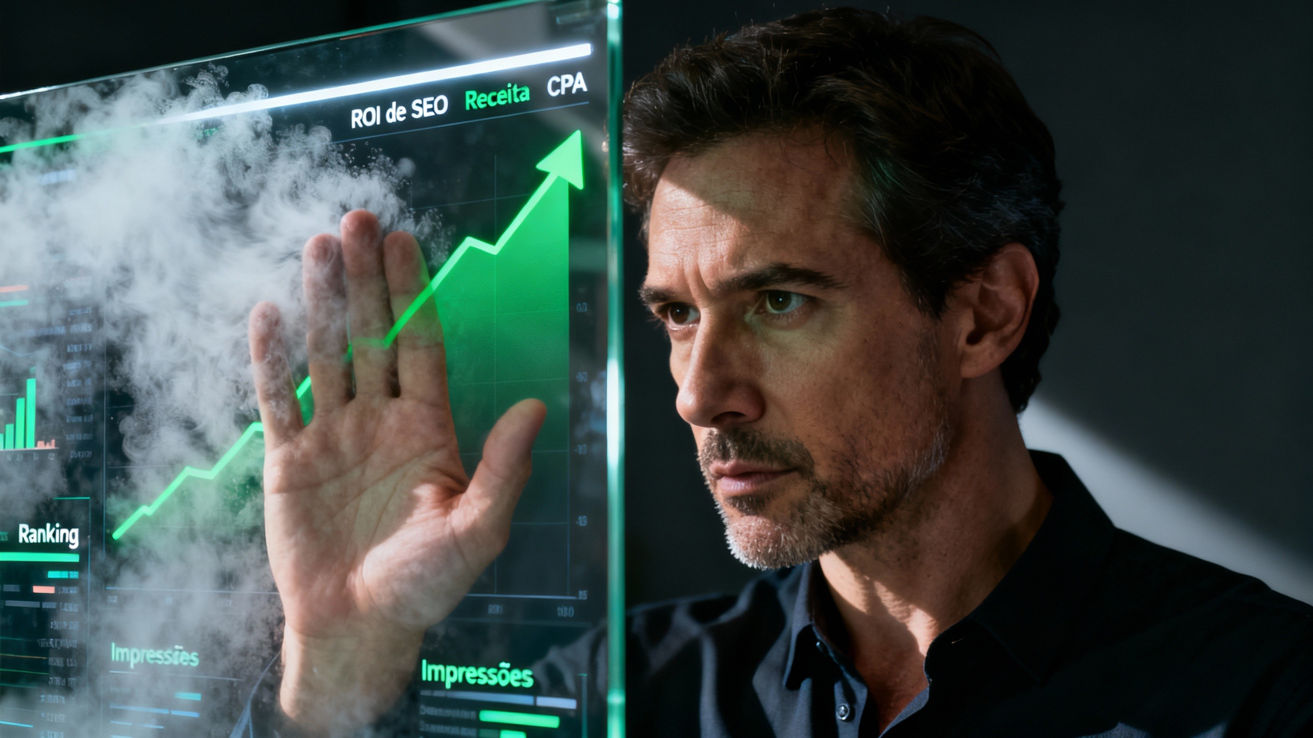 Profissional revelando um dashboard com as métricas de SEO que realmente importam na era SGE, como ROI e receita