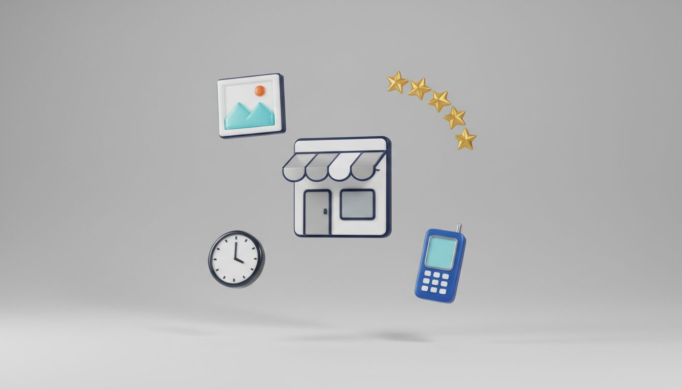 Ilustração 3D dos elementos do Google Meu Negócio (fotos, avaliações, info), passo essencial para o SEO local