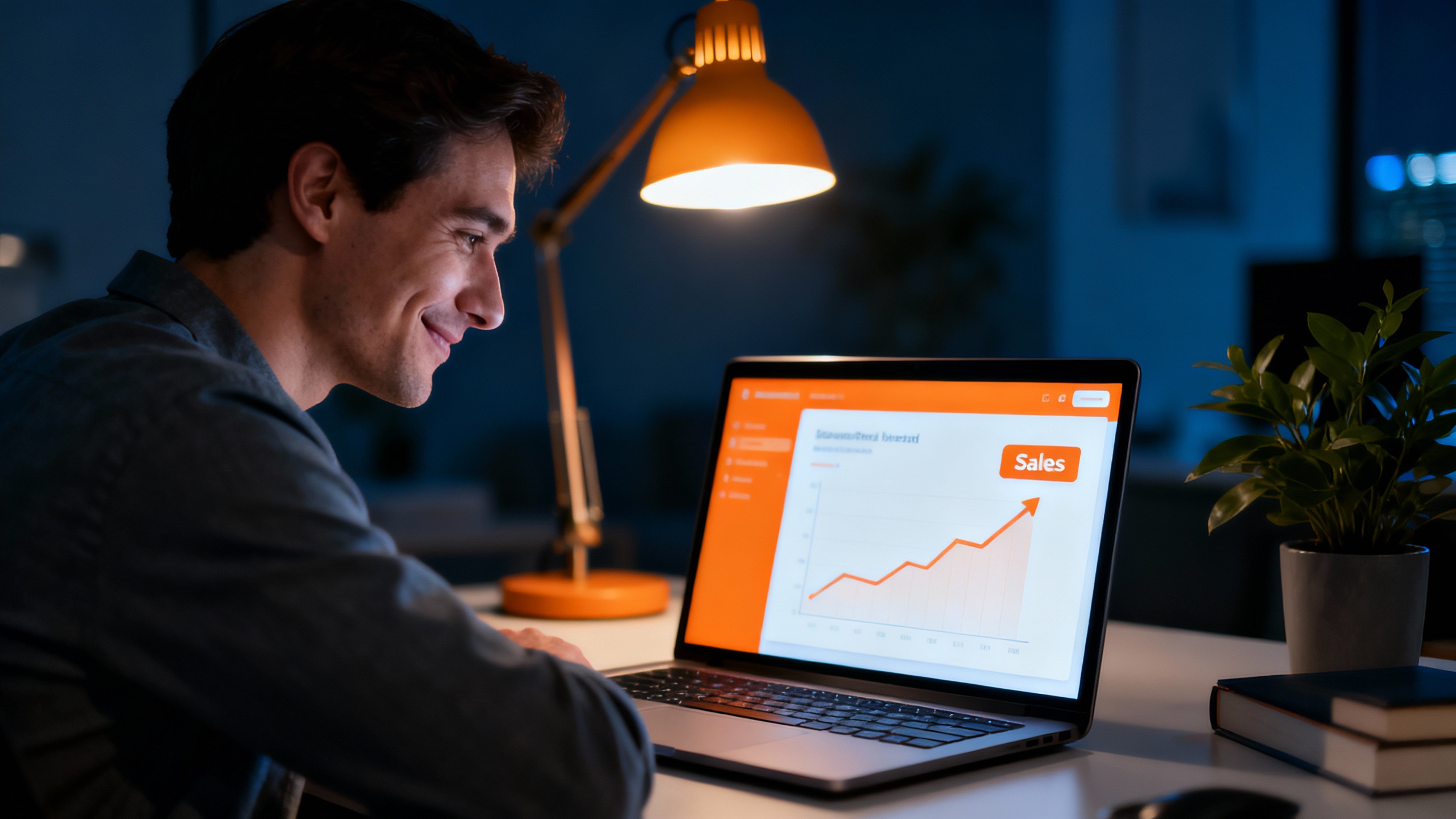 Afiliado iniciante sorrindo ao ver a notificação de primeira venda no laptop em seu home office, representando a primeira venda como afiliado com tráfego orgânico.