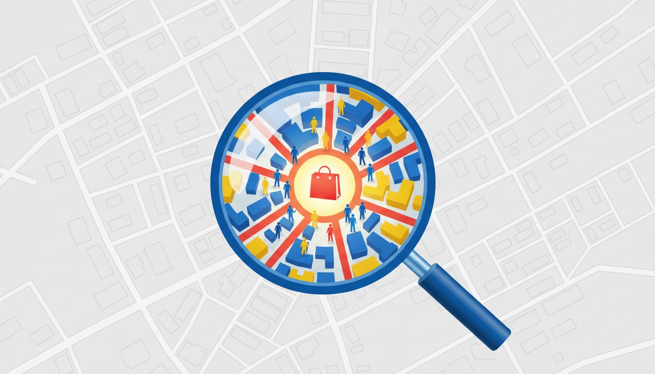 Mapa de um bairro com lupa focando em clientes caminhando para uma loja, ilustrando o conceito de tráfego pago geolocalizado para negócios locais