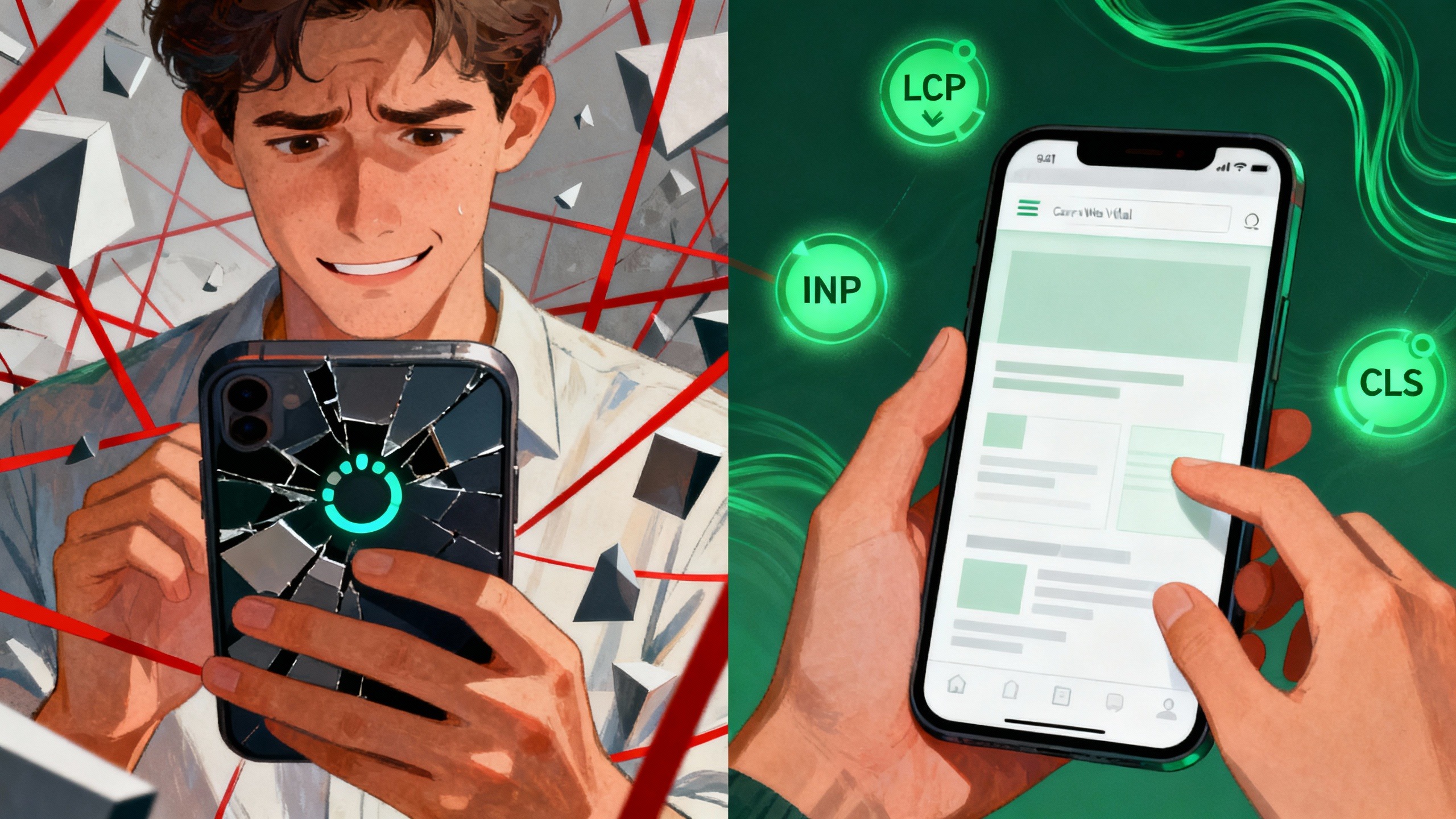 Comparativo visual mostrando a importância das Core Web Vitals para a experiência do usuário e como métrica de SEO