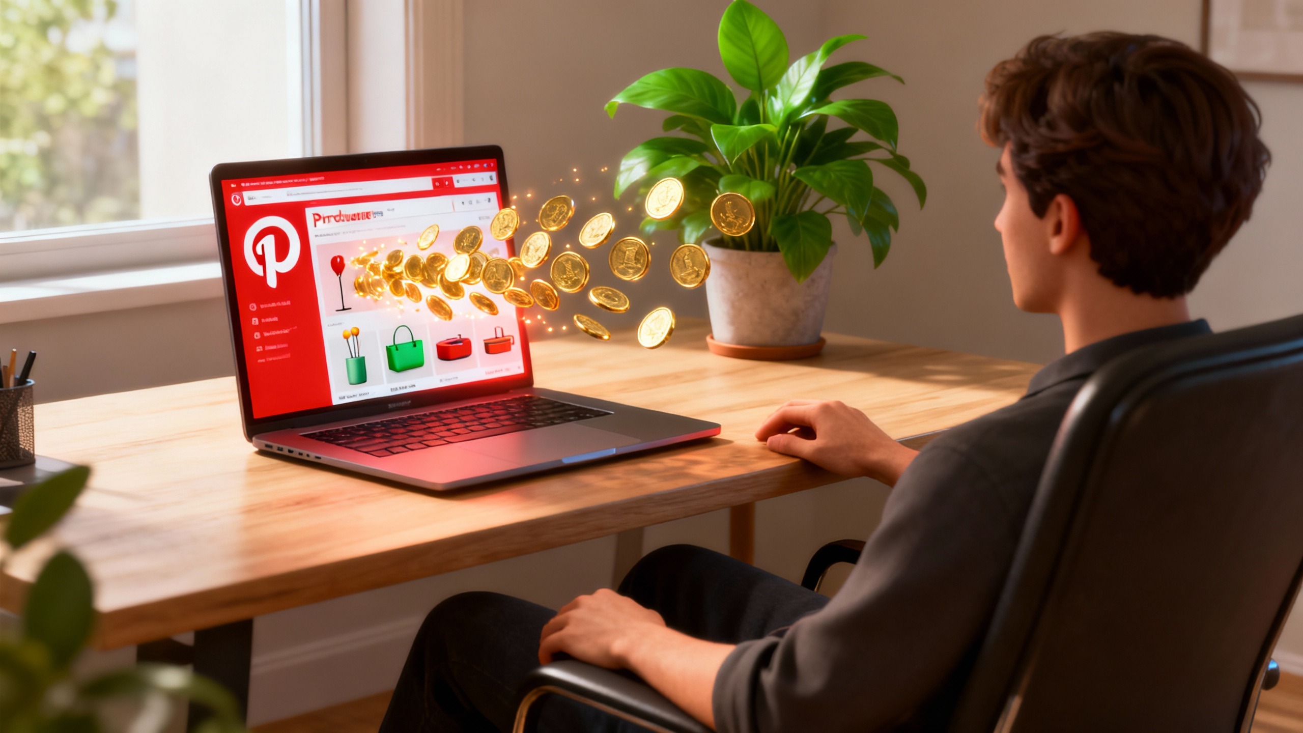 Mãos de afiliado em laptop com logo do Pinterest se transformando em gráfico de vendas, ilustrando como divulgar link de afiliado Amazon no Pinterest.