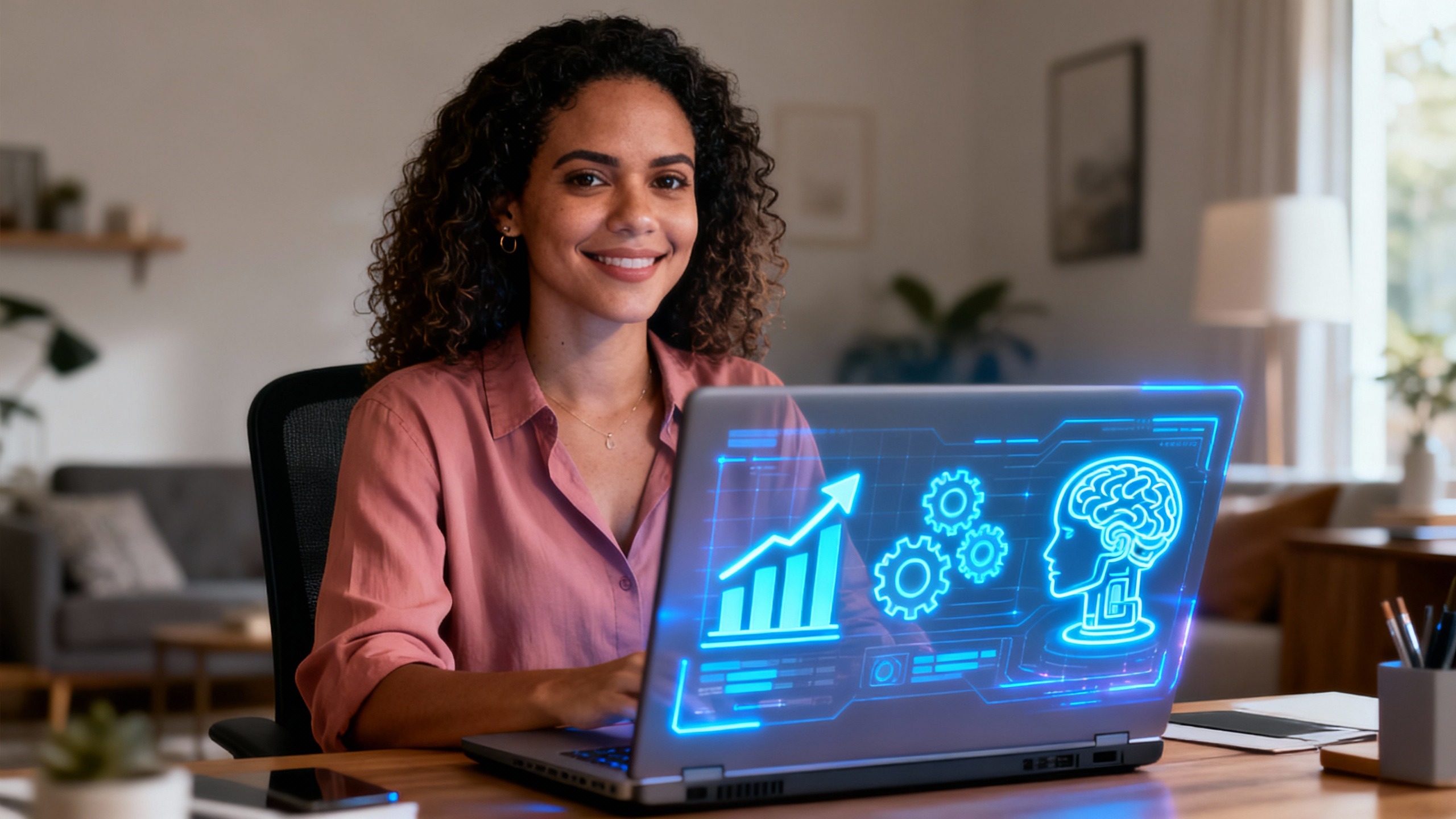 Assistente virtual em home office moderno usando laptop com projeções de IA, ilustrando como ganhar dinheiro como assistente virtual com ia.
